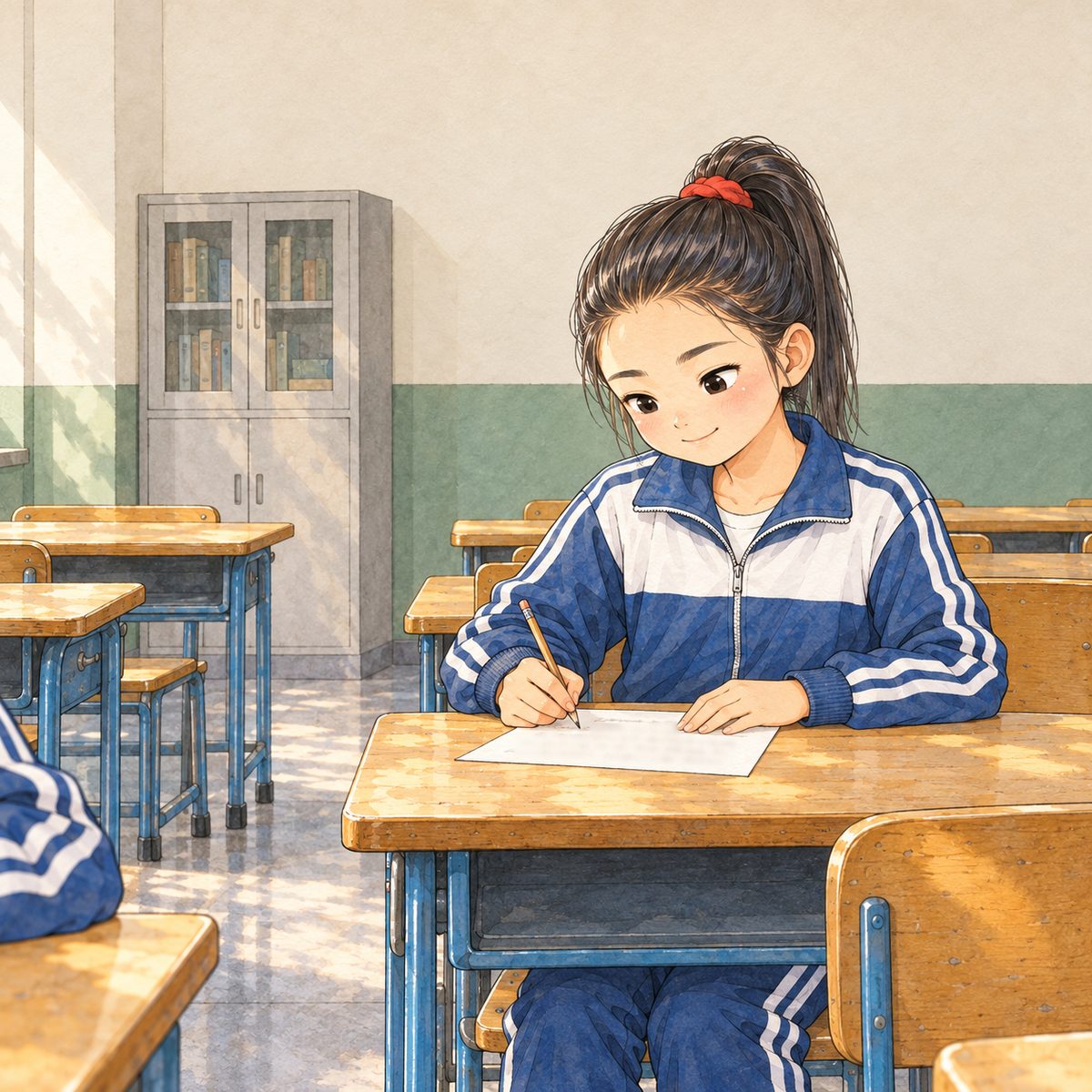 Friday morning (the same time as the panel before). Lili sits at her own desk in the next row, ACROSS THE AISLE to Xiaoyu's right, NOT at Xiaoyu's desk by the window. We look at her from the aisle: she is turned three-quarters toward the VIEWER'S LEFT, and behind her is the inner side of the room, the plain cream wall with its green lower band and the back cabinet, NO window behind her (the windows are on the far side, out of frame). At the left edge of the panel, just the corner of Xiaoyu's desk across the aisle and one blue tracksuit sleeve, cut off by the frame, to show they sit apart. Lili writes fast and neatly on her own dictation sheet, relaxed, a little smile, her pencil moving; she does not even look up. The sheet lies flat facing her, its writing too small to read (soft pencil grey only, no character shapes). The plain wall above her is the quiet area.