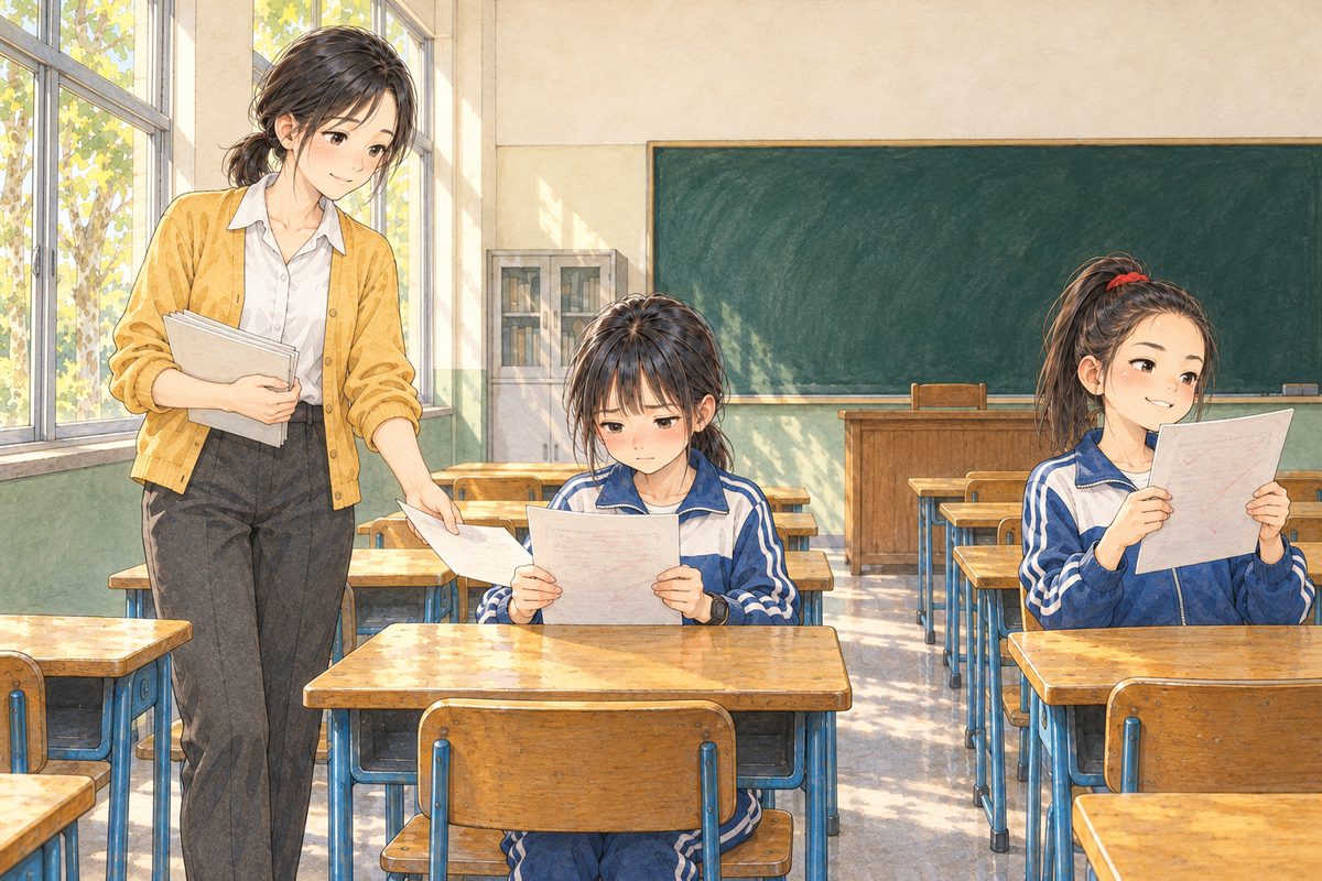 The next Monday morning, window light. Teacher Fang walks between the desks handing back the marked dictation sheets, matter-of-fact. Xiaoyu in the middle holds hers in both hands, its marked side FACING HER, so we see only its back with faint red marks showing through: she stares at it, crushed. Across the aisle on the right, Lili holds her own sheet up a little, pleased, red ticks showing through its back. No numbers anywhere, NOT any readable mark. The plain wall above them is the quiet area.
