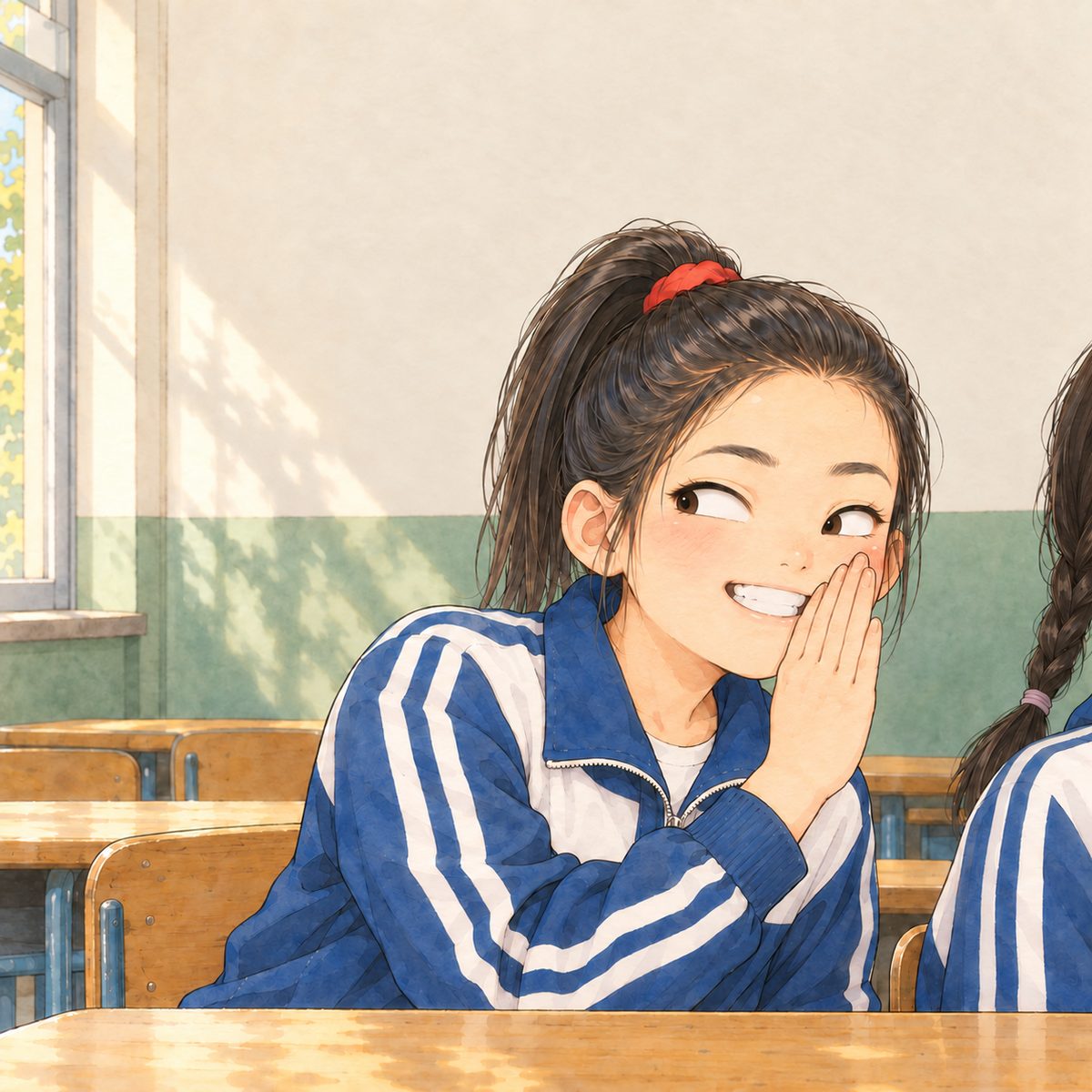 Monday morning (the same time as the panel before). Lili leans towards her deskmate (only the deskmate's shoulder and two short plaits at the panel's RIGHT edge, NO face) and whispers behind her hand, grinning, her eyes sliding LEFT towards Xiaoyu off panel. Plain wall behind.