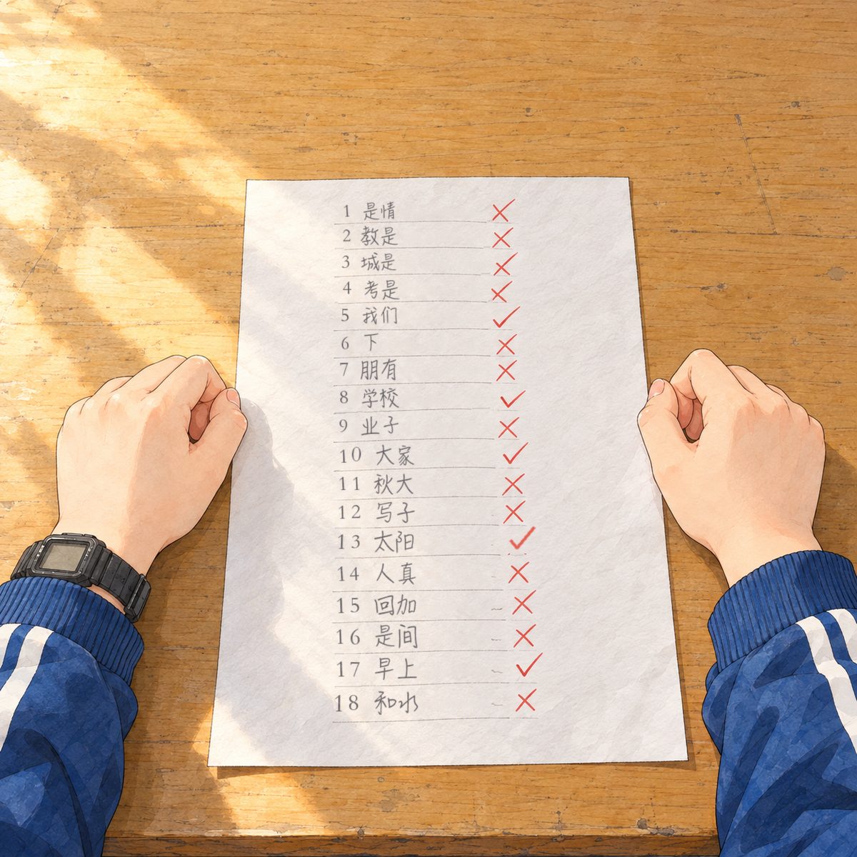 Monday morning (the same time as the panel before). Seen from Xiaoyu's eyes, looking down: her dictation sheet lies flat on the desk, facing her and us, a column of twenty lines of pencil scribble, NOT readable, most of them crossed through with red pen crosses, a few with small red ticks; NO numbers, NO letters. Her two hands (navy tracksuit cuffs, the black watch on her LEFT wrist, on the viewer's left) rest at either side of the sheet, fingers curled tight. The plain desk around it is quiet.