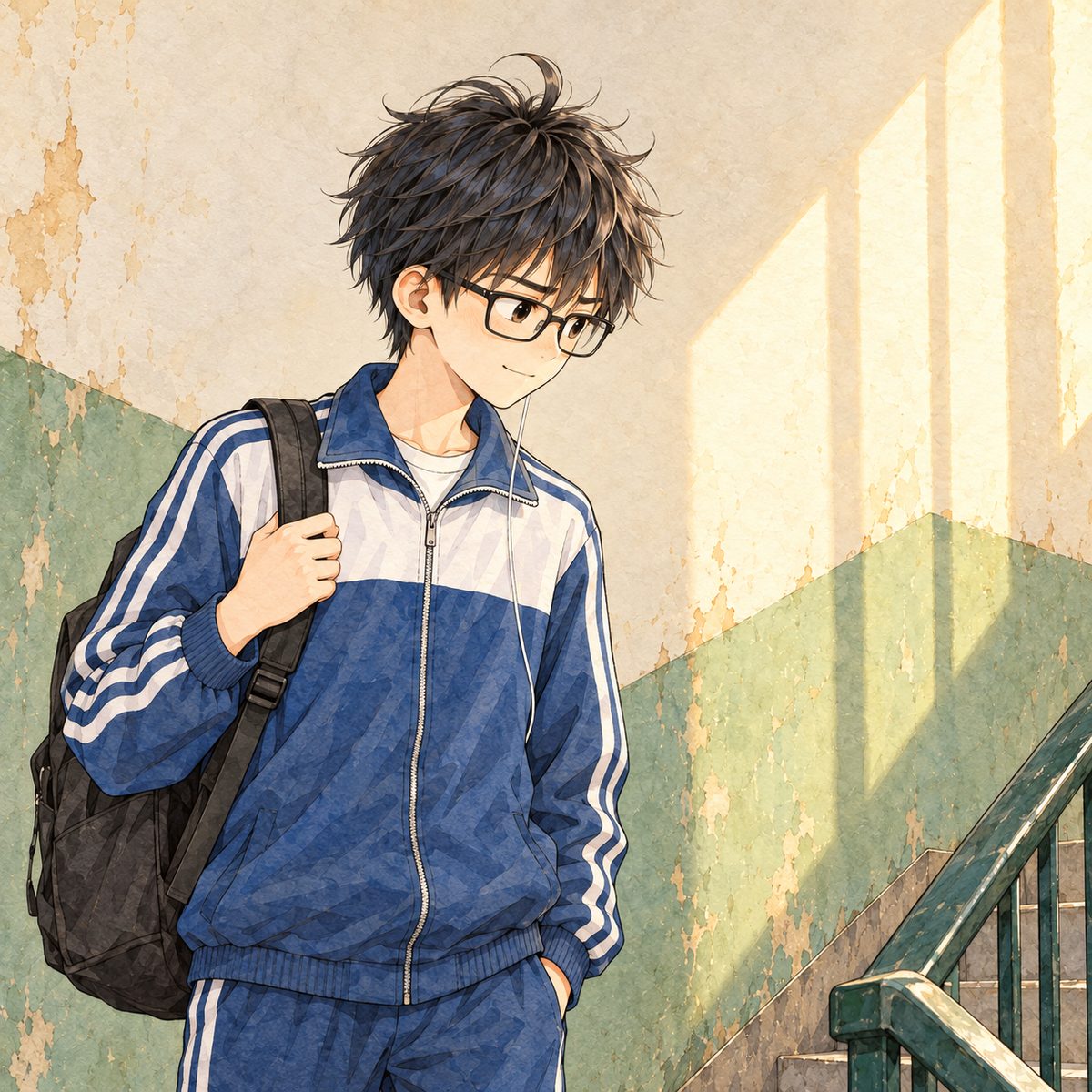 Monday, late afternoon, warm light from the high window. Haoran, in his navy-and-white school tracksuit, school bag on one shoulder, one earbud in his LEFT ear, stops on the landing and looks down and to the RIGHT at Xiaoyu sitting on the top step off panel, with her marked sheet; he winces, then brightens, already planning. Plain stair wall behind.