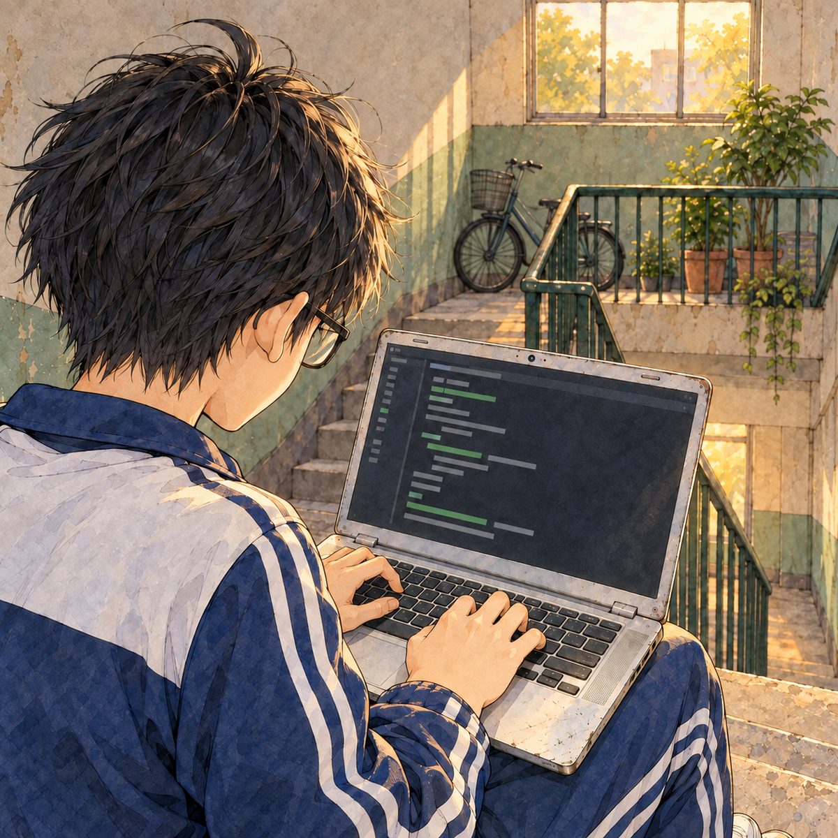 Late afternoon (the same time as the panel before). Over Haoran's shoulder (navy tracksuit with white stripes): he sits on the top step with his sticker-covered silver laptop open on his knees, typing fast. The screen shows a plain dark code editor with short lines of soft grey and green bars, NOT readable. The rest of the panel is the dim stairwell, quiet.