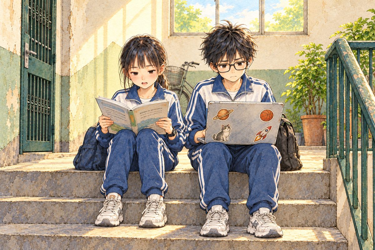 Late afternoon (the same time as the panel before). Xiaoyu and Haoran sit side by side on the top step, both in school tracksuits; he is half a head taller. Xiaoyu holds her open textbook in both hands, its pages FACING HER, reading a sentence aloud, earnest. Haoran, his sticker-covered laptop on his knees with its screen facing him, types what she says, then stares at the screen, his face falling. The high window above is the quiet area. No other people.