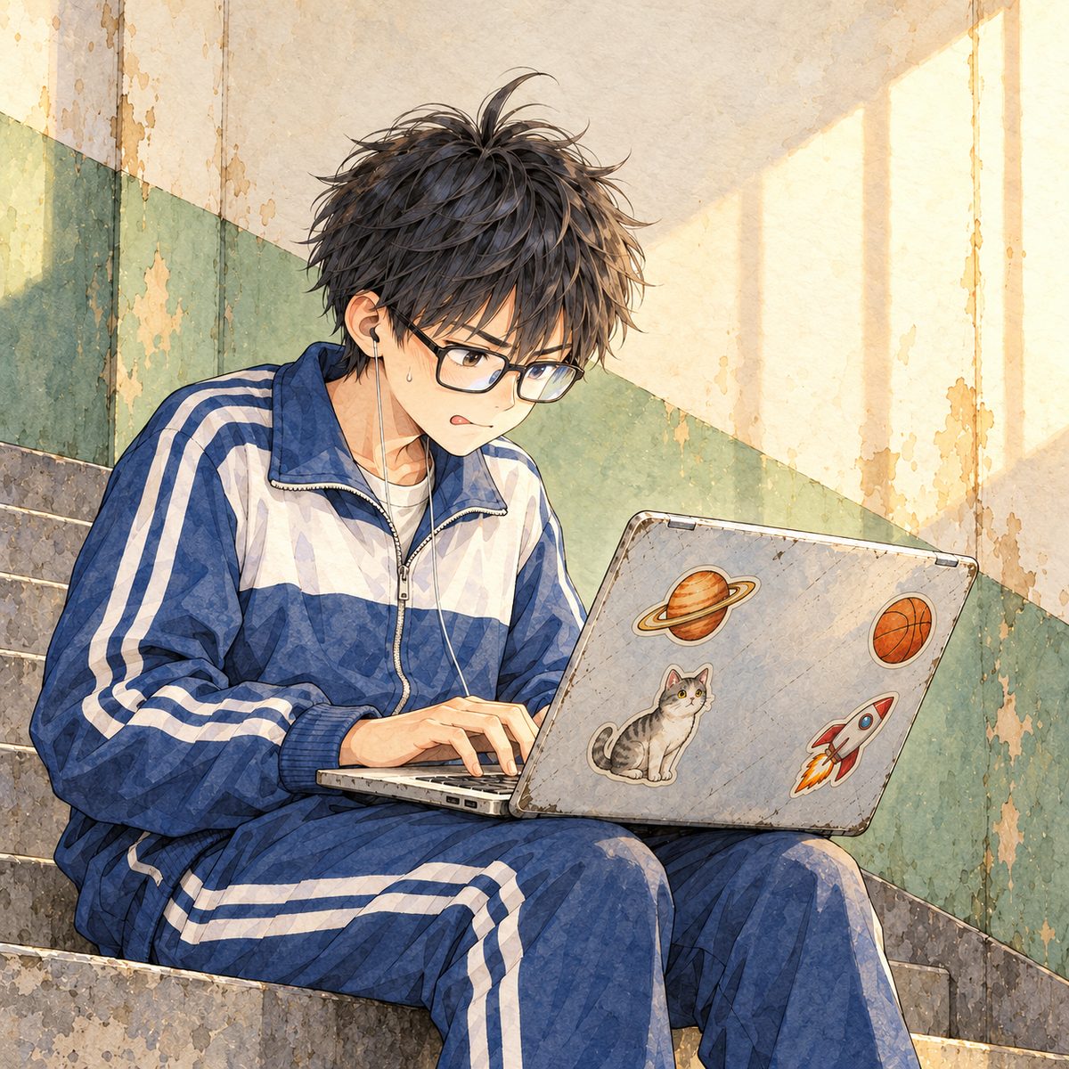 Late afternoon (the same time as the panel before). Haoran hunches over his laptop on his knees, typing furiously with both hands, tongue between his teeth, hair sticking up, a sweat drop at his temple in the manga way. The screen faces him; its glow on his glasses. Plain stair wall behind.