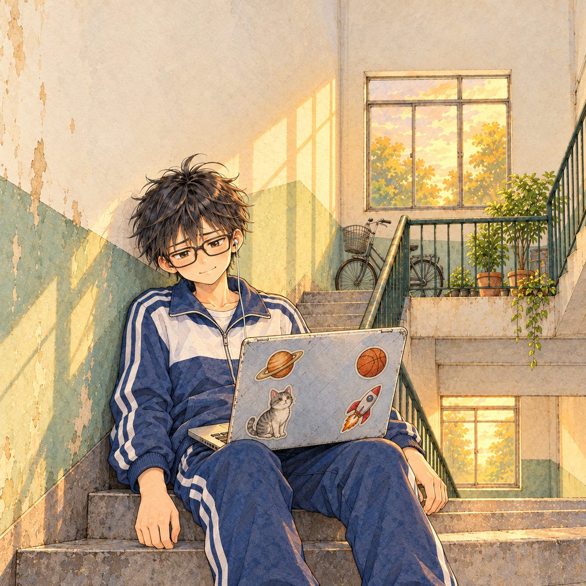 Later, the window light now low and orange. Haoran leans back against the stair wall, the laptop open on his knees, the screen facing him, arms dropped, defeated, half laughing at himself. Plain wall above.