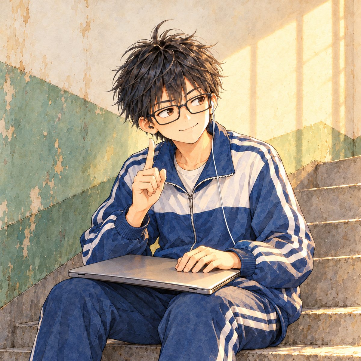 Late afternoon, the low orange window light. Haoran shuts the laptop lid on his knees with one hand and turns to Xiaoyu, off panel to the RIGHT, with a teasing, challenging look, one finger raised. Plain stair wall behind.