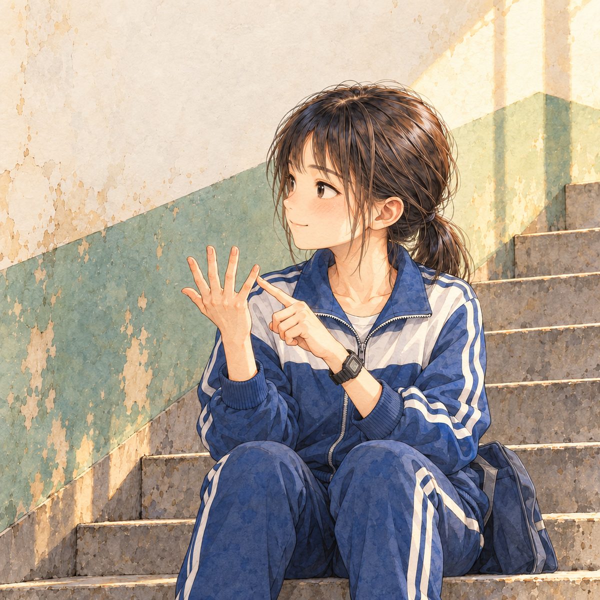 Late afternoon (the same time as the panel before). Xiaoyu sits on the step and counts off on the fingers of one hand, the fingers clearly apart, looking LEFT towards Haoran, pleased with herself, sure it is easy. Plain wall behind.
