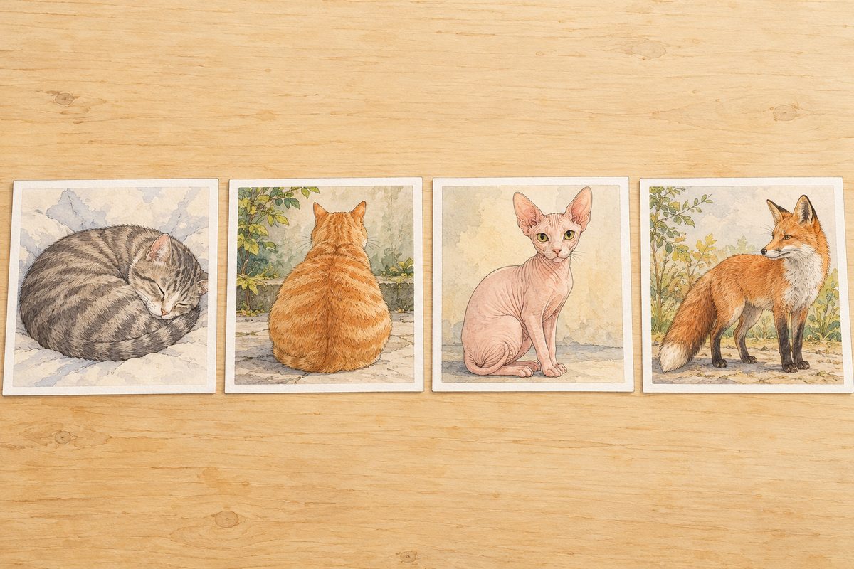 A concept panel: four small square pictures lying side by side on a plain pale table, each with a thin white border like a printed photo, drawn in the same simple manga style, NOT photo-real. Left to right: a grey tabby cat curled up asleep, its legs and tail tucked out of sight; a ginger cat seen from behind, sitting, NO face visible; a hairless pale pink cat with big ears and no fur at all; and a red fox standing side-on, with pointed ears, whiskers, four legs, a bushy tail and fur. Each picture its own clear rectangle with a gap between them. No writing, no labels, NOT any letters. The plain table above them is the quiet area.
