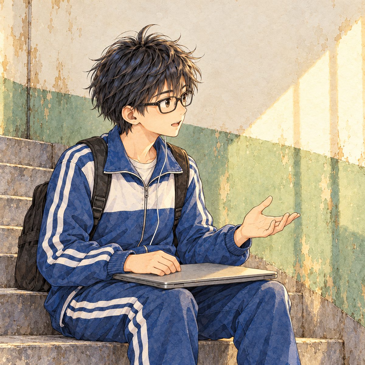 Late afternoon (the same time as the panel before). Haoran, his laptop closed on his knees, explains with one open hand, serious now, enjoying it; he looks to the RIGHT towards Xiaoyu off panel. Plain wall behind.