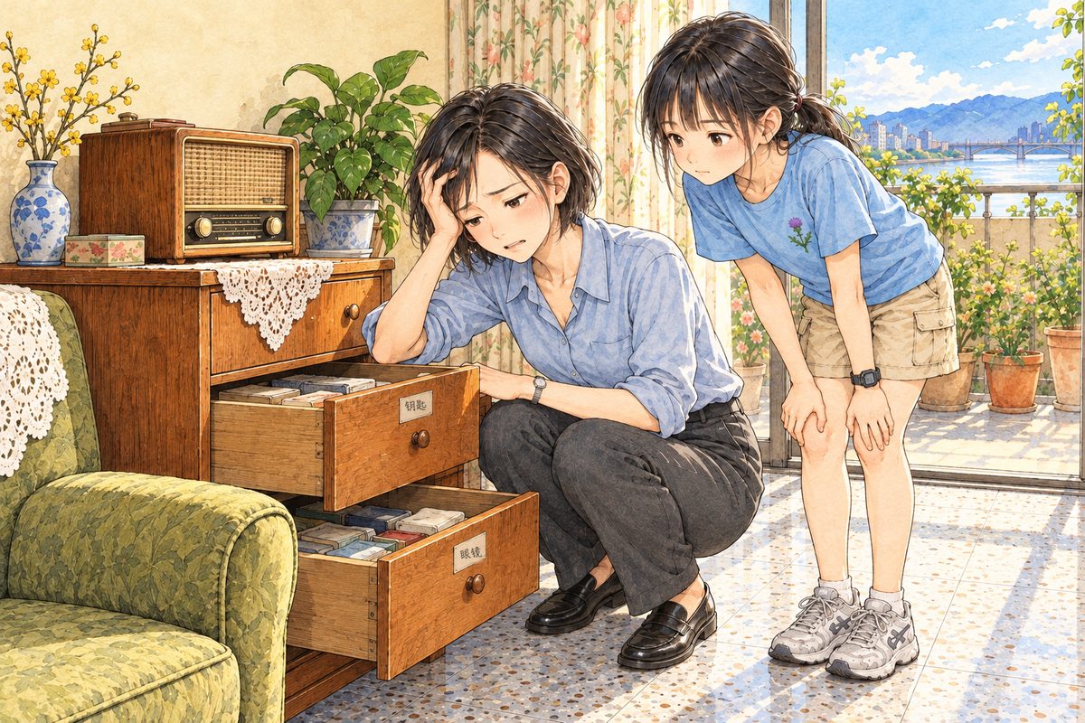 Saturday morning, bright daylight through the balcony doors. Mama crouches at the low wooden cabinet under the radio with BOTH its drawers pulled open, the white labels still on their fronts (marker scribble, NOT readable), and looks into them, exasperated, one hand to her forehead. Xiaoyu, in her faded sky-blue thistle t-shirt and khaki shorts, stands at the right, leaning over to look in, curious. The plain wall above is the quiet area. Only these two; Grandpa is on the balcony, out of frame.