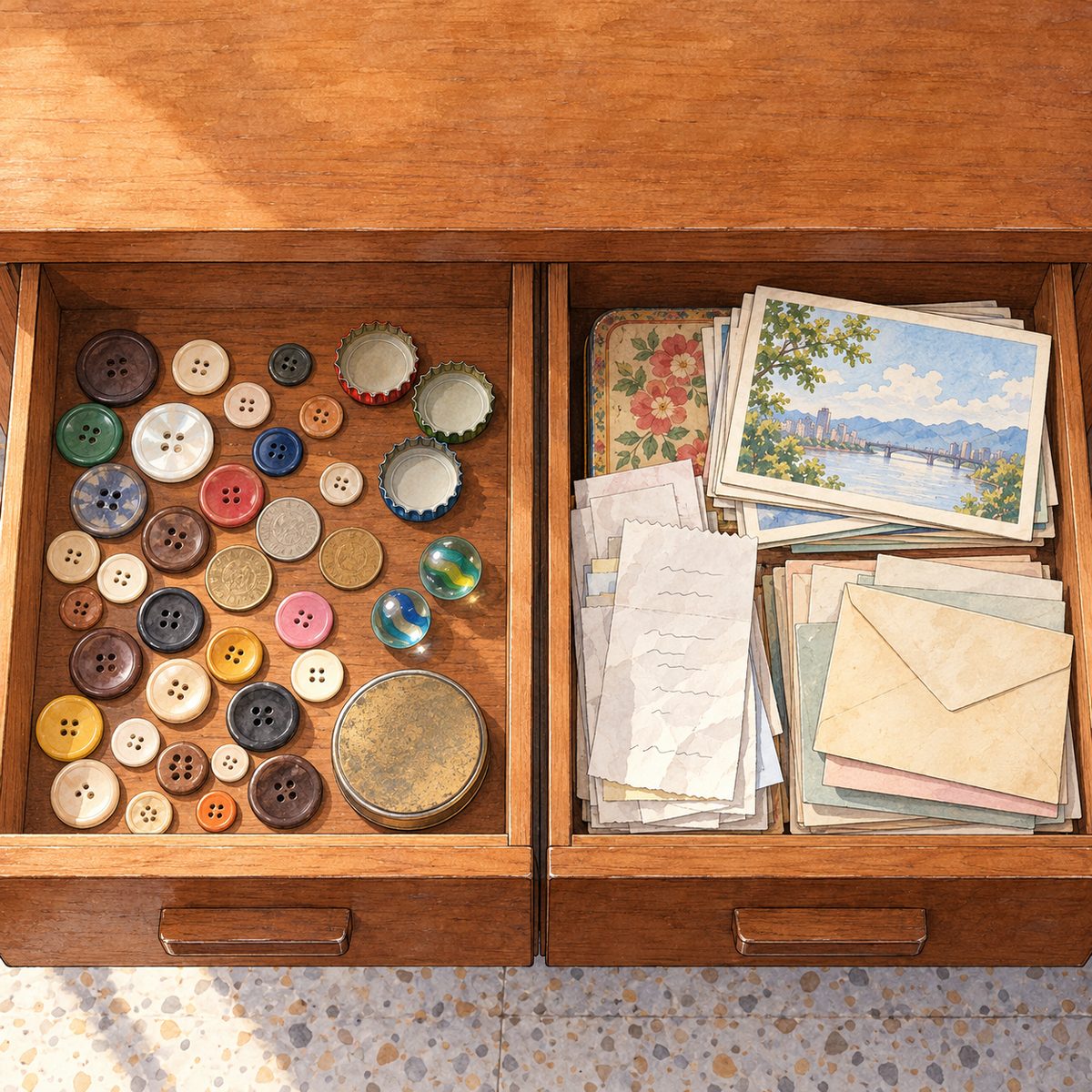 Saturday morning (the same time as the panel before). Looking straight down into the two open drawers side by side. The LEFT drawer holds only ROUND things, neatly together: buttons of many colours, a few coins, three bottle caps, two glass marbles, a small round tin lid. The RIGHT drawer holds only PAPER things, in neat piles: folded receipts, old envelopes, a stack of postcards with plain pictures, and under them the corner of an old square biscuit tin with a faded flowered lid. Nothing has any readable writing, NOT any letters or numbers. The keys are NOT in either drawer. The drawer edges frame it; quiet wood around.