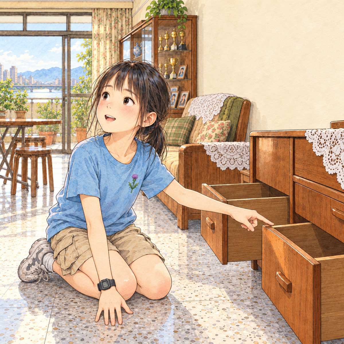 Saturday morning (the same time as the panel before). Xiaoyu kneels by the open drawers and points from the left drawer to the right drawer with one finger, looking LEFT up at Mama off panel, eyes bright with discovery. Plain wall behind.
