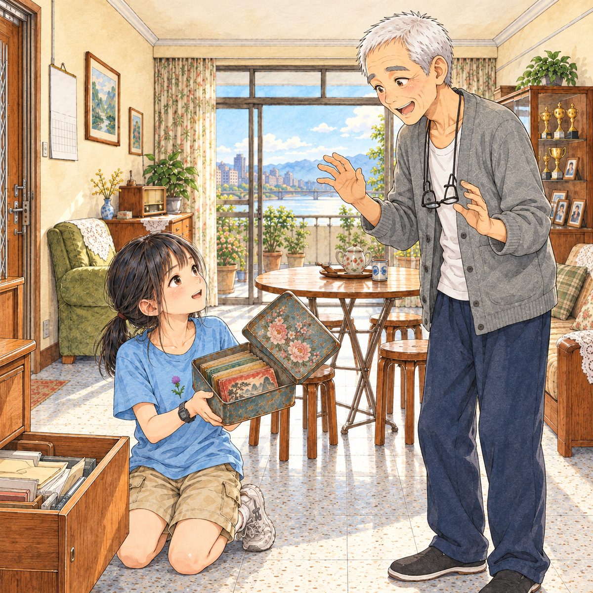 Saturday morning (the same time as the panel before). Xiaoyu, kneeling, lifts the old square biscuit tin out of the paper drawer in both hands and has just opened its faded flowered lid: inside, a neat stack of small, worn, landscape-shaped picture books with faded colour covers. Grandpa has come in from the balcony on the right and stops, his whole face lighting up with delight, both hands lifting. Glasses on the cord at his chest. Xiaoyu looks right up at him. The plain wall above them is the quiet area.