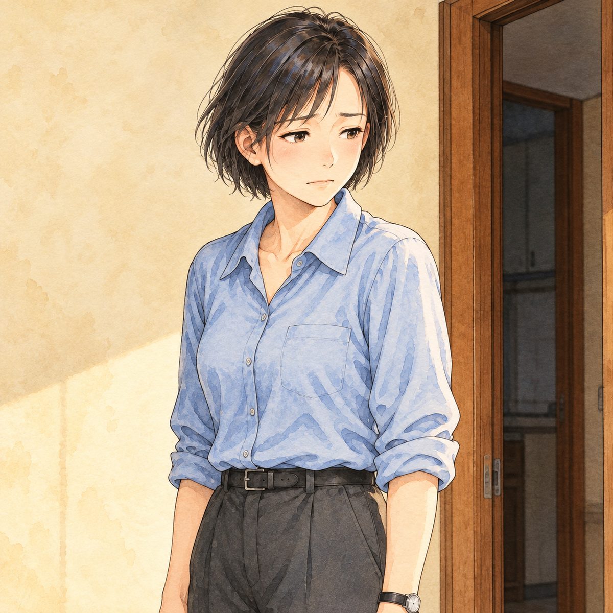 Saturday morning (the same time as the panel before). Mama has stood up; she looks at the tin (off panel to the RIGHT, low), and goes very still: her face closes, something hurt and far away in her eyes, her lips pressed. She is half turning away towards the kitchen. Plain wall behind her, the doorway dim.