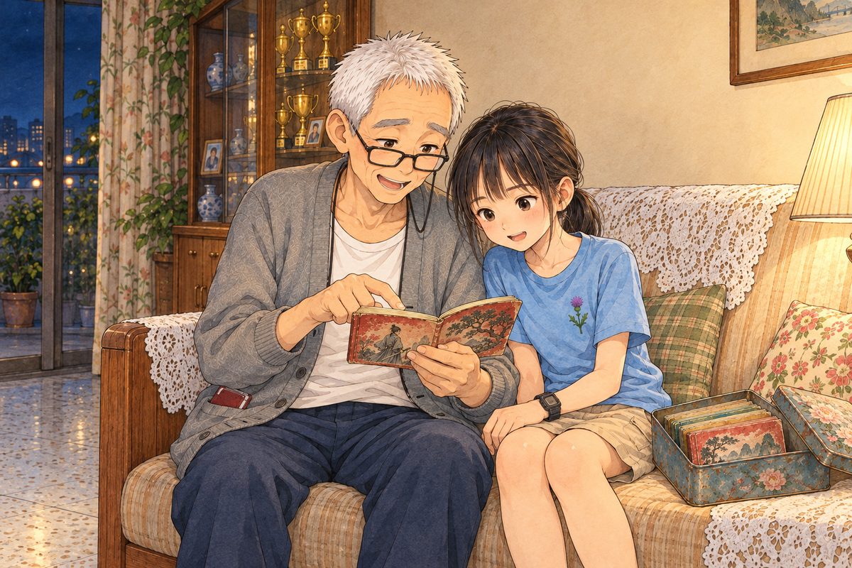 That night, one warm lamp lit beside the sofa, the balcony glass dark. Grandpa and Xiaoyu sit close on the beige sofa with its white lace covers; Xiaoyu in her faded sky-blue thistle t-shirt. Grandpa, with his reading glasses ON his nose because he reads, holds a small open picture book in his left hand, its pages FACING THEM, his right forefinger under a line, reading aloud with a storyteller's relish. Xiaoyu leans in against his arm, eyes on his finger, lips moving. The open biscuit tin sits on the sofa at her side. The plain wall above them is the quiet area. Only these two.