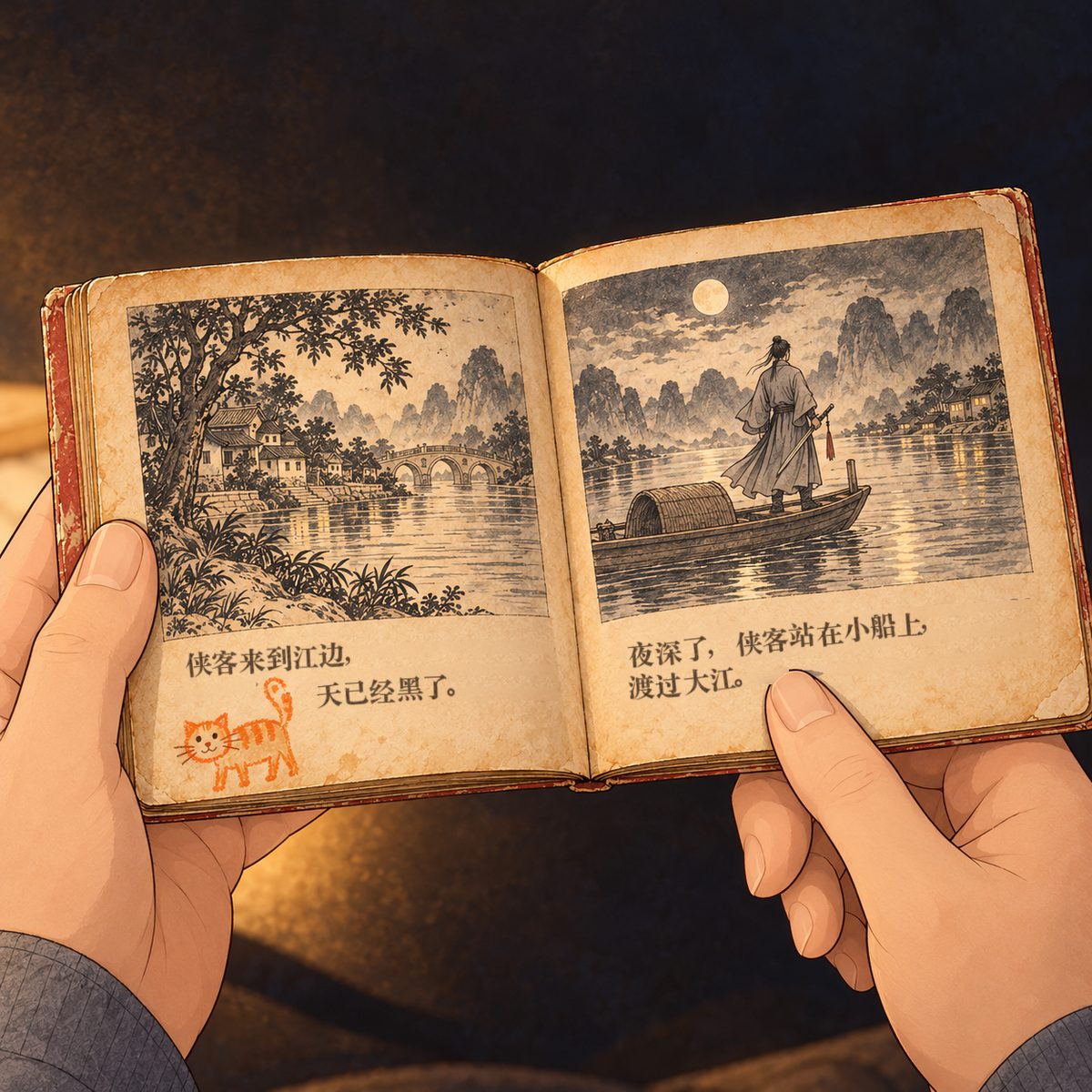 Night (the same time as the panel before), lamplight. Looking over their shoulders straight down at one small open picture book. The page on the right is a fine black-and-white line drawing of a swordsman standing in a small boat on a wide river under a moon, with a block of short grey scribble lines under the drawing, NOT readable. In the bottom margin of the left-hand page, a small childish crayon drawing of an orange cat, NOT writing. Grandpa's big forefinger rests under the scribble lines. Quiet dark around the book.