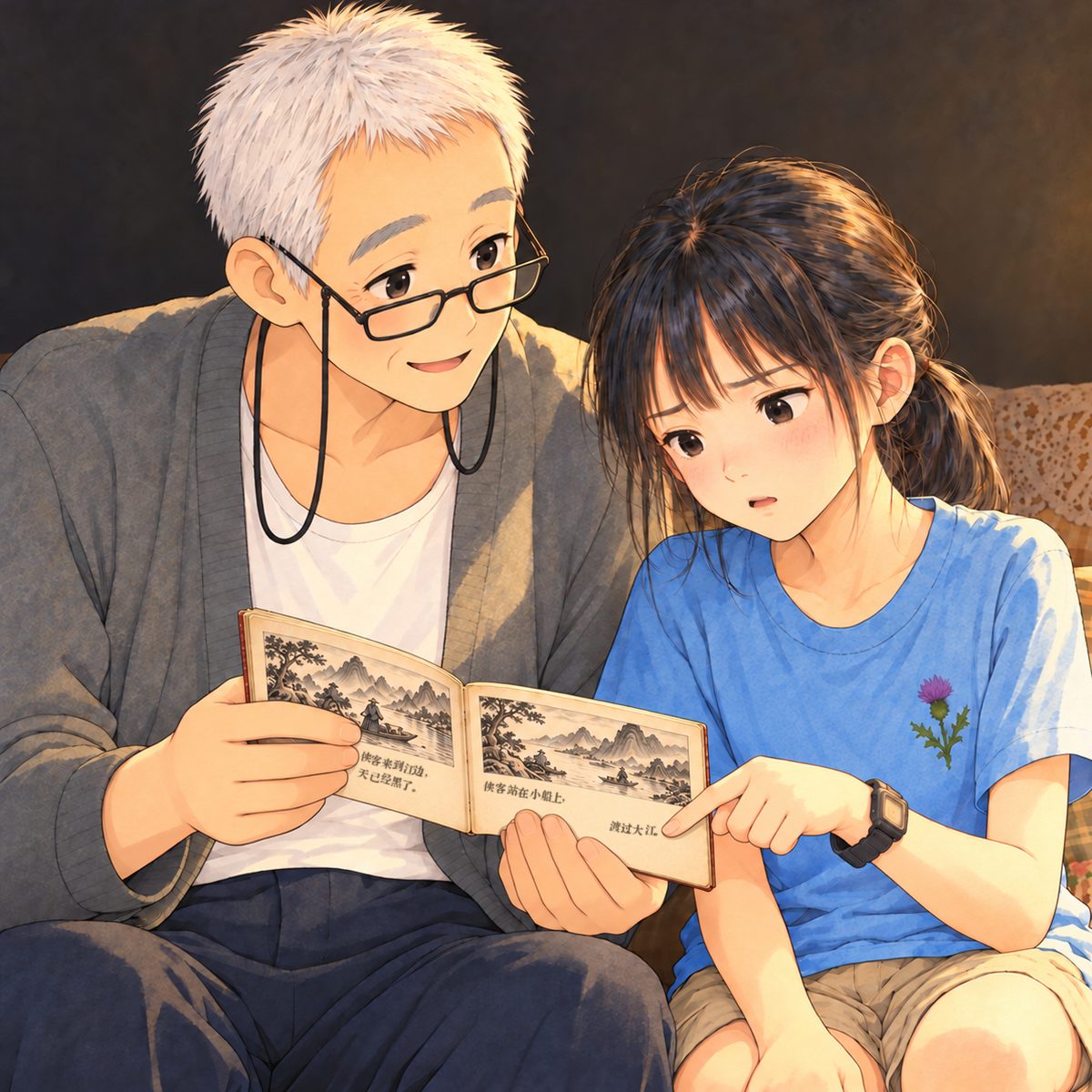 Night (the same time as the panel before), lamplight. Grandpa on the left holds the little book, its pages facing them, glasses on his nose, and nods, warm, a patient teacher. Xiaoyu on the right points with one finger at a word on the page and sounds it out, unsure. Plain dark wall behind.