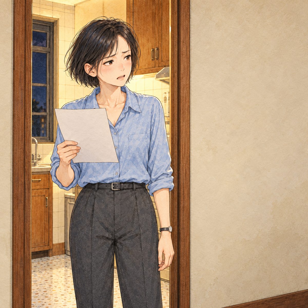 Night (the same time as the panel before), the kitchen light behind her. Mama stands in the kitchen doorway holding the stroke-order table in one hand (its back to us, plain), looking across the room to the RIGHT at the sofa off panel; her voice is sharper than she means, her face tight, tired, and not looking at the tin. Plain wall beside the door.
