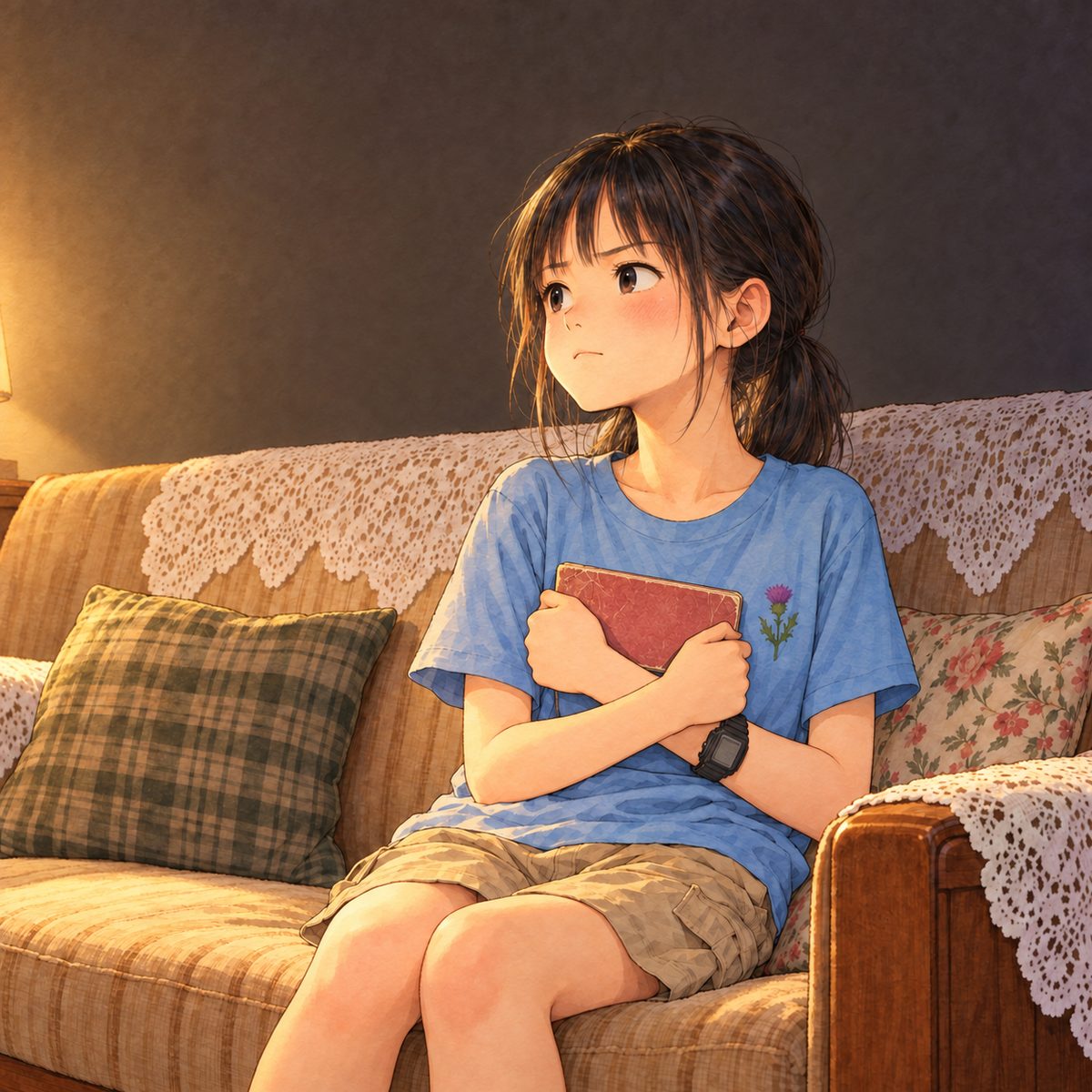 Night (the same time as the panel before), lamplight. Xiaoyu holds the closed little picture book against her chest with both hands and looks LEFT across the room at Mama off panel, stubborn but gentle, chin up. Grandpa is out of frame. Plain dark wall behind her.