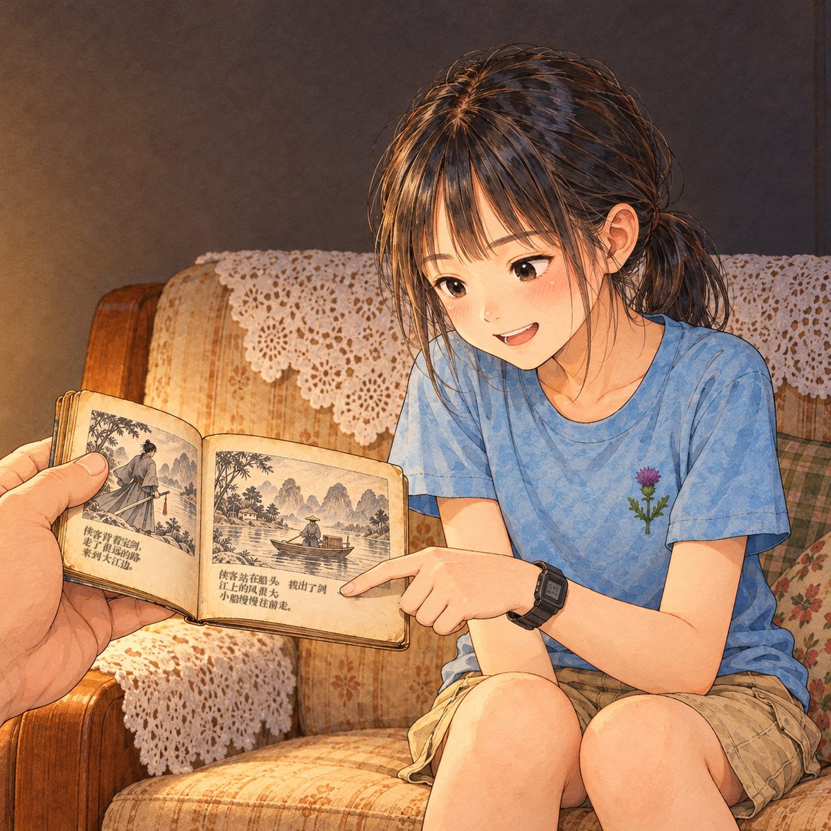 Two weeks later, at night, lamplight. Xiaoyu, in her faded sky-blue thistle t-shirt, jabs a finger at a word on the little picture book Grandpa holds (only his big hand holding it shows at the panel's LEFT edge, the pages facing her); she grins, proud and quick, looking at the page. Plain dark wall behind.