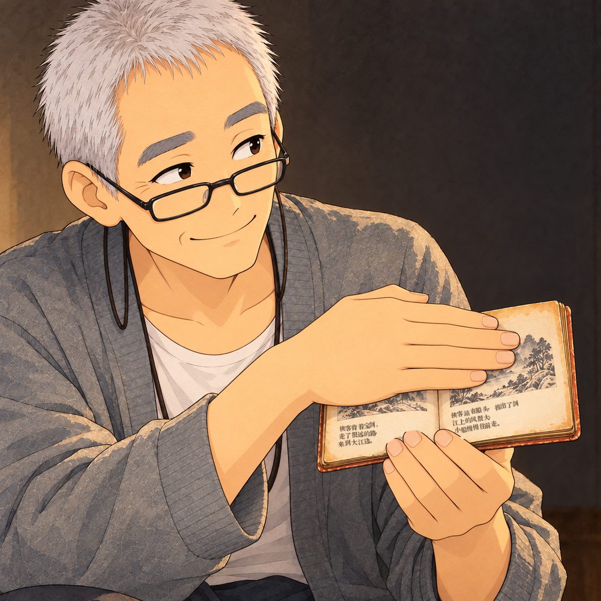 Night (the same time as the panel before). Grandpa, glasses on his nose, lays his big flat palm over the top half of the open little book, hiding the picture and leaving only the lines of words below it showing; the pages face Xiaoyu, off panel to the RIGHT. He looks right at her over his glasses with a sly, testing half smile, the old chess teacher. Plain dark wall behind.