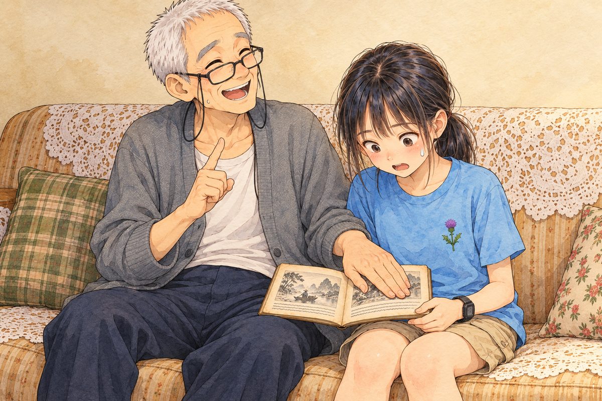 Night (the same time as the panel before). Xiaoyu, on the right, stares at the uncovered line of words, mouth open, nothing coming, caught out, a big sweat drop in the manga way. Grandpa, on the left, still covering the picture with his palm, throws back his head and laughs, delighted, wagging the forefinger of his other hand at her. Glasses on his nose. The plain wall above them is the quiet area.