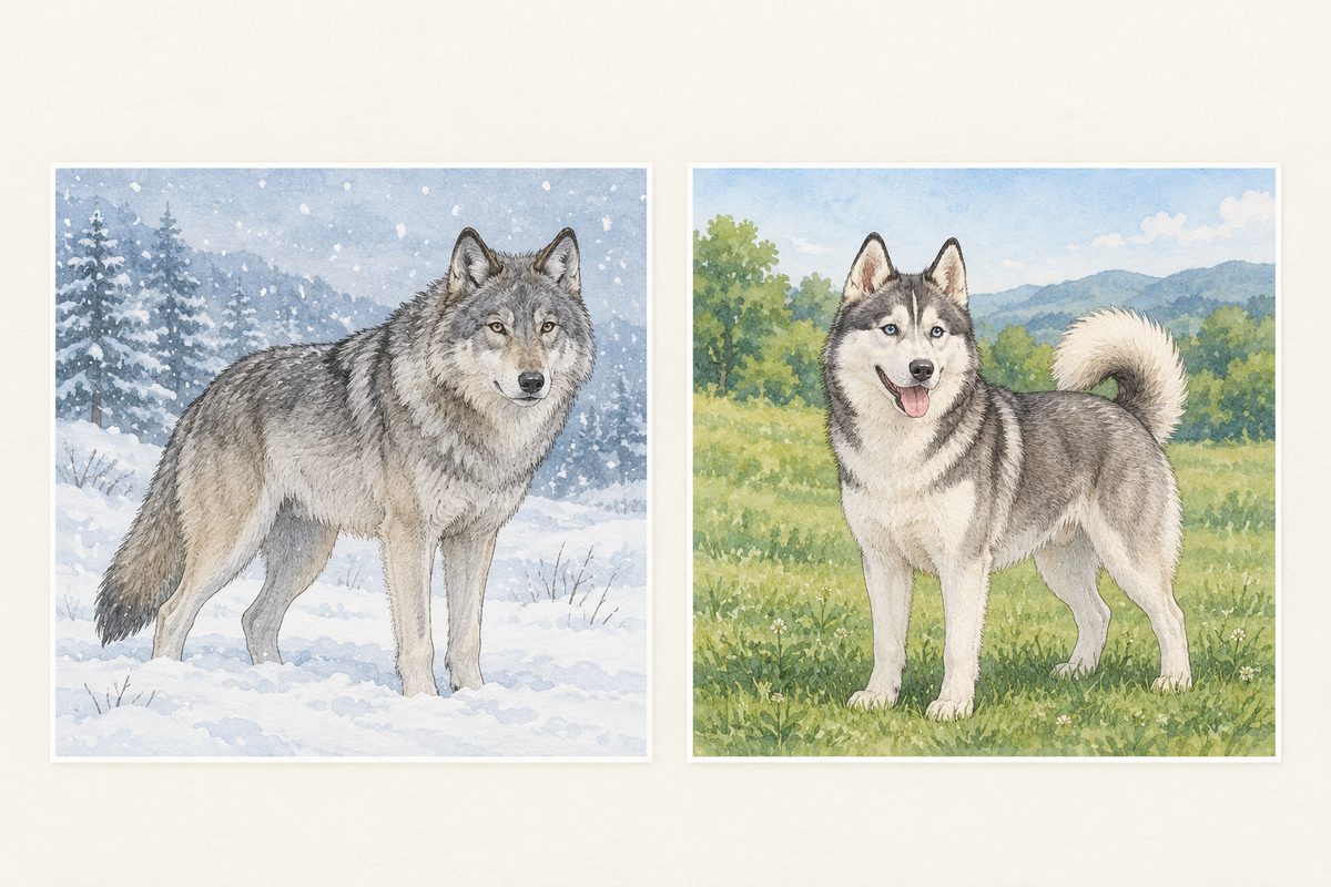 A concept panel in the same simple manga style, NOT photo-real: two square pictures side by side on a plain pale ground, each with a thin white border like a printed photo. Left, a grey wolf standing in deep white snow, snowflakes falling. Right, a grey-and-white husky dog standing on green summer grass. Each picture its own clear rectangle with a gap between them. No writing, NOT any labels. The plain pale space above is the quiet area.