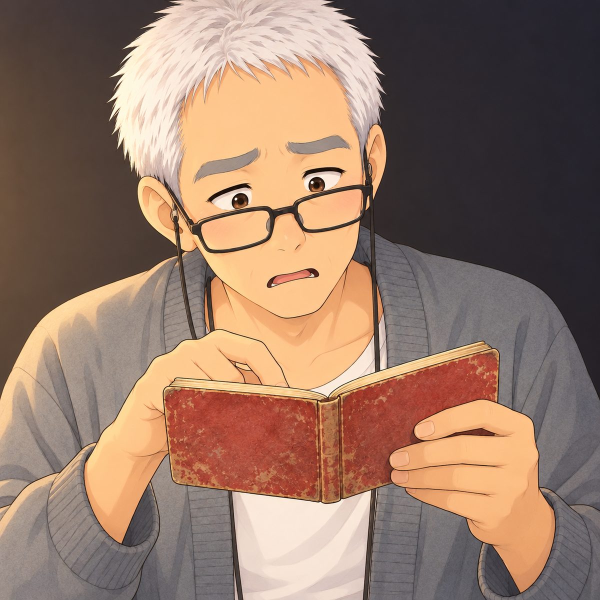 A week later, at night, lamplight. Grandpa, glasses on his nose, holds the little book open in both hands in front of his chest, the open pages facing HIM and tilted up toward his eyes, so from where we are we see only the OUTSIDE of the book: its plain worn back cover and the edge of the spine toward us, NO page, picture or writing visible to us. One forefinger curls over the top edge of the book and points down onto a word on the page he is reading, and stays there. His face is confused, then frightened: brows knitted, lips moving without sound, the word not coming. Plain dark wall behind.