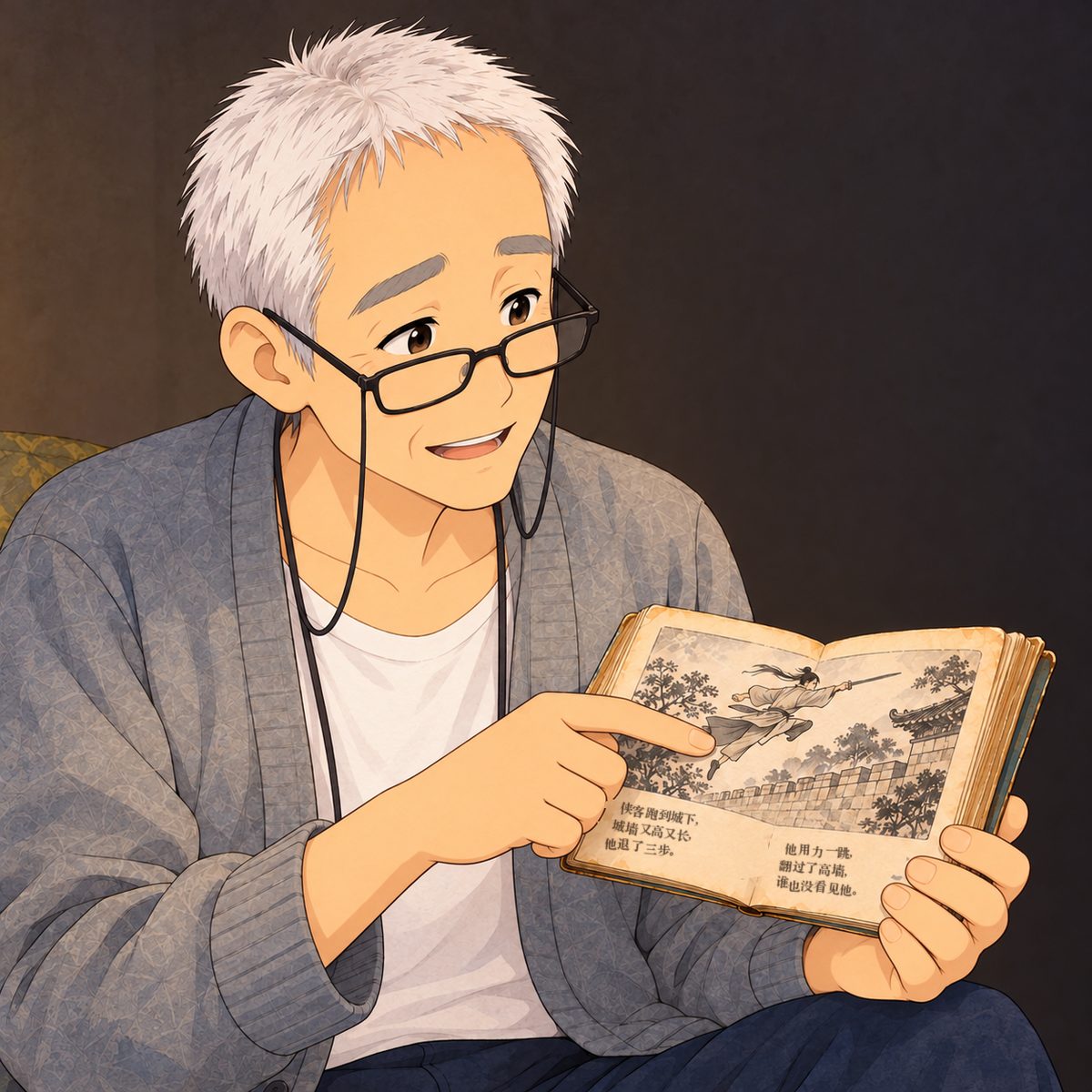 Night (the same time as the panel before). Grandpa lifts his finger from the words and taps the picture above them instead, a line drawing of the swordsman leaping over a wall; his face eases into a brave, slightly shaky smile, telling the story from memory. Glasses on his nose. Plain dark wall behind.