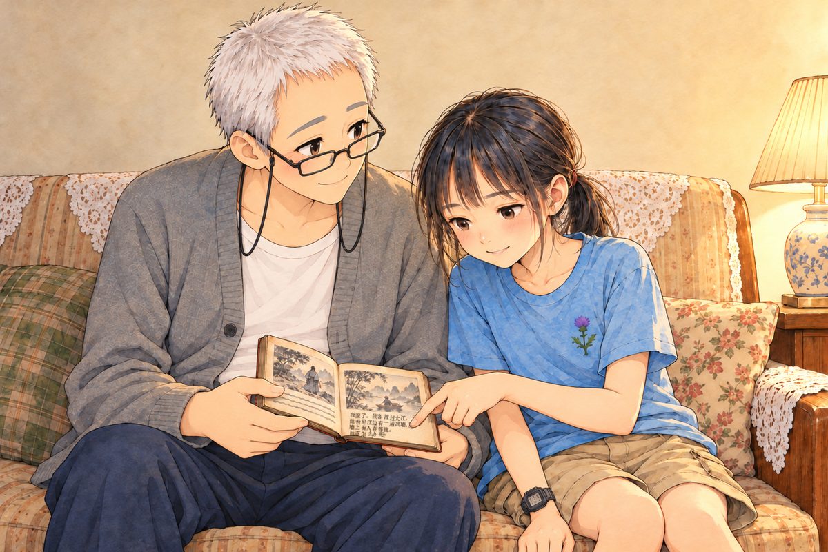 Night (the same time as the panel before), lamplight. Xiaoyu, on the right, leans in and gently puts her finger under the word where his had been, reading it for him, softly; her face tender and careful. Grandpa looks at her finger, then at her, relieved and a little ashamed, then grateful. The little book's pages face them. The plain wall above is the quiet area.