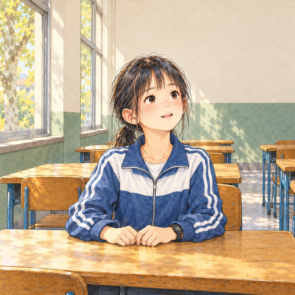 Mid-October, morning, window light. Xiaoyu, in her school tracksuit, sits up straight at her desk and looks up at the board (off panel, ahead), eyes suddenly wide and bright, a slow surprised smile: she sees something. Her face in the middle of the panel, NOT in the top quarter. Plain wall behind.