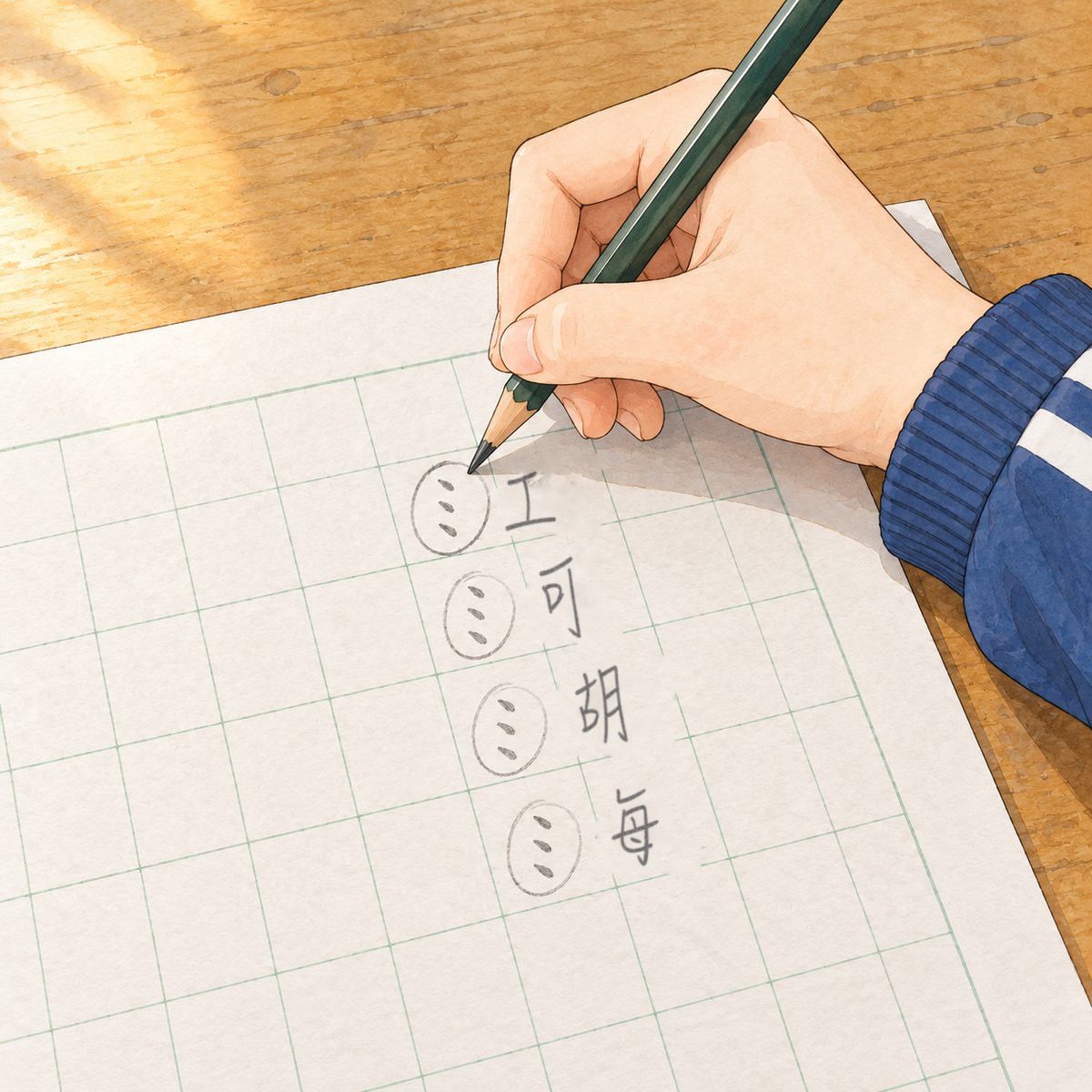 Morning (the same time as the panel before). Close on Xiaoyu's squared practice paper (white with a pale green grid) on her desk, her right hand drawing a small pencil circle round the left-hand part of four pencil characters in a column; the characters are soft pencil scribble, NOT readable; only the little circled marks on their left sides, three short strokes like drops, are clear. Quiet desk around it.