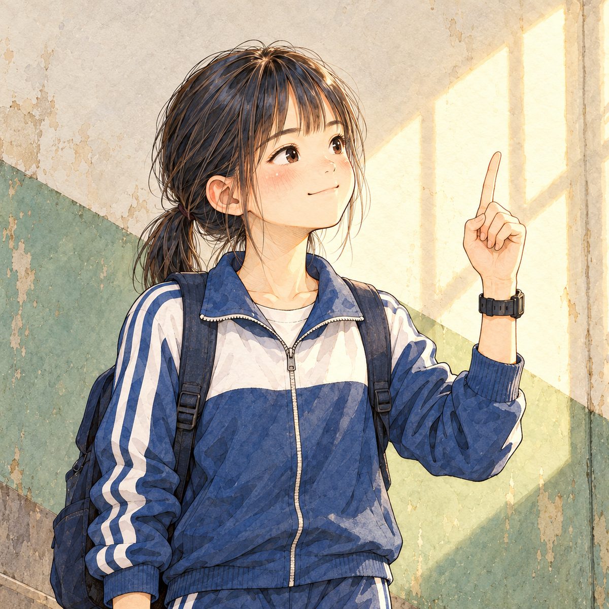 That afternoon, after school, warm light from the high window. Xiaoyu, in her school tracksuit, stands on the landing with one finger raised like a professor, triumphant, looking to the RIGHT at Haoran off panel. Plain stair wall behind.