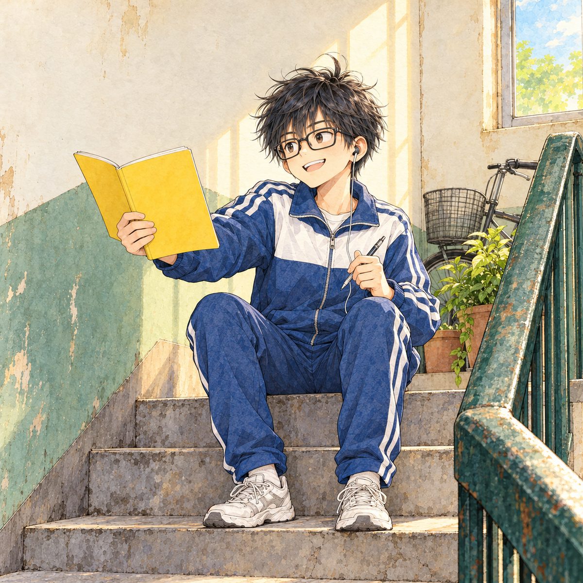 Afternoon (the same time as the panel before). Haoran, in his school tracksuit, sitting on the top step, holds up his school exercise book with the plain bright yellow cover, open, its page FACING XIAOYU off panel to the LEFT, so we see only the yellow back cover; a pen in his other hand; he grins, enjoying this. Plain wall behind.