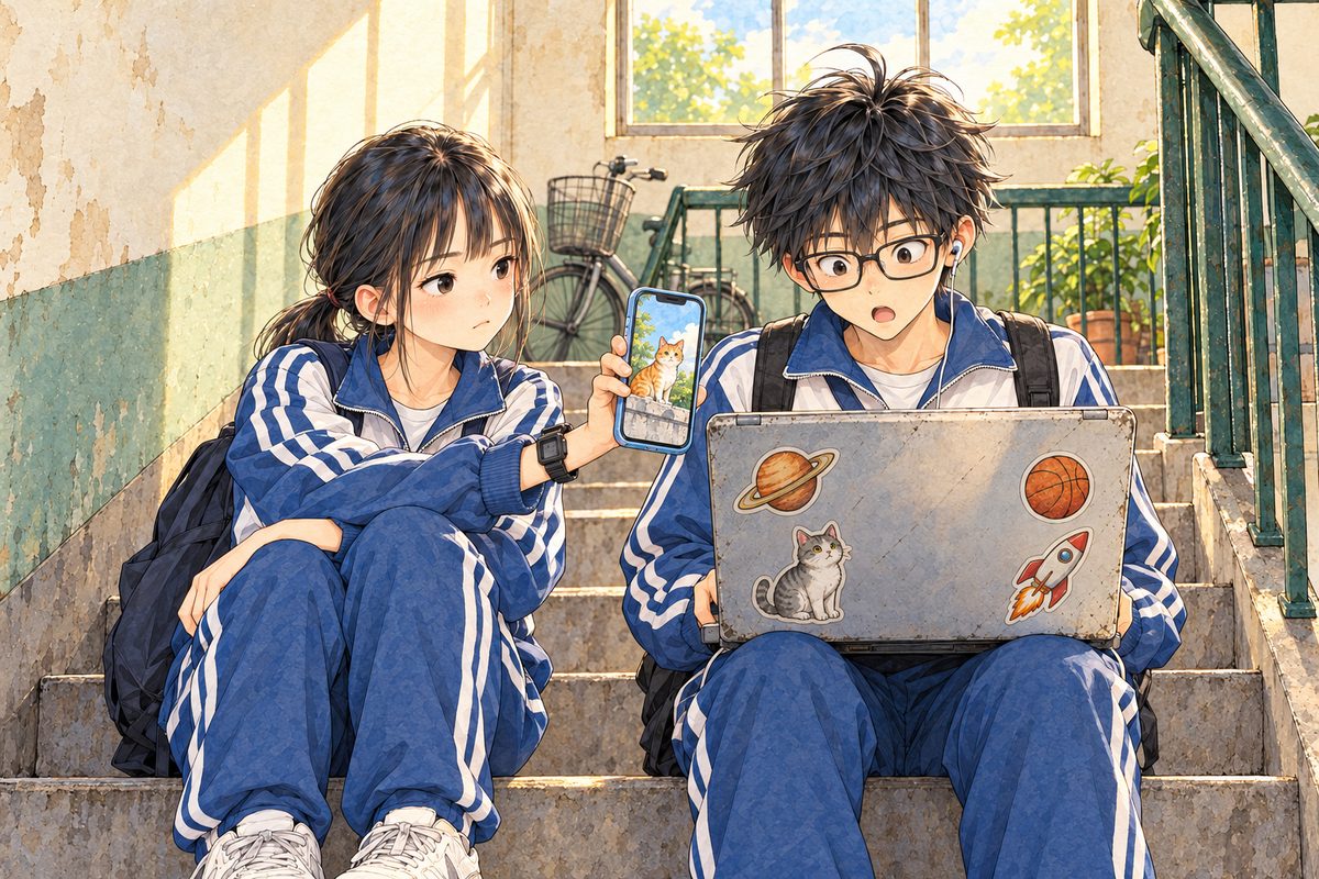 Afternoon (the same time as the panel before). Xiaoyu, sitting now beside Haoran on the top step, holds her own phone (sky-blue case) the ordinary way in one hand, her thumb on its edge, the screen tilted towards his laptop camera; on her phone screen, a manga-style picture of an orange cat sitting on a school wall, no words. Haoran's sticker-covered laptop sits open on his knees, its screen facing him; he looks at the screen, then does a double take, mouth open. Xiaoyu watches him, deadpan. The high window above is the quiet area.