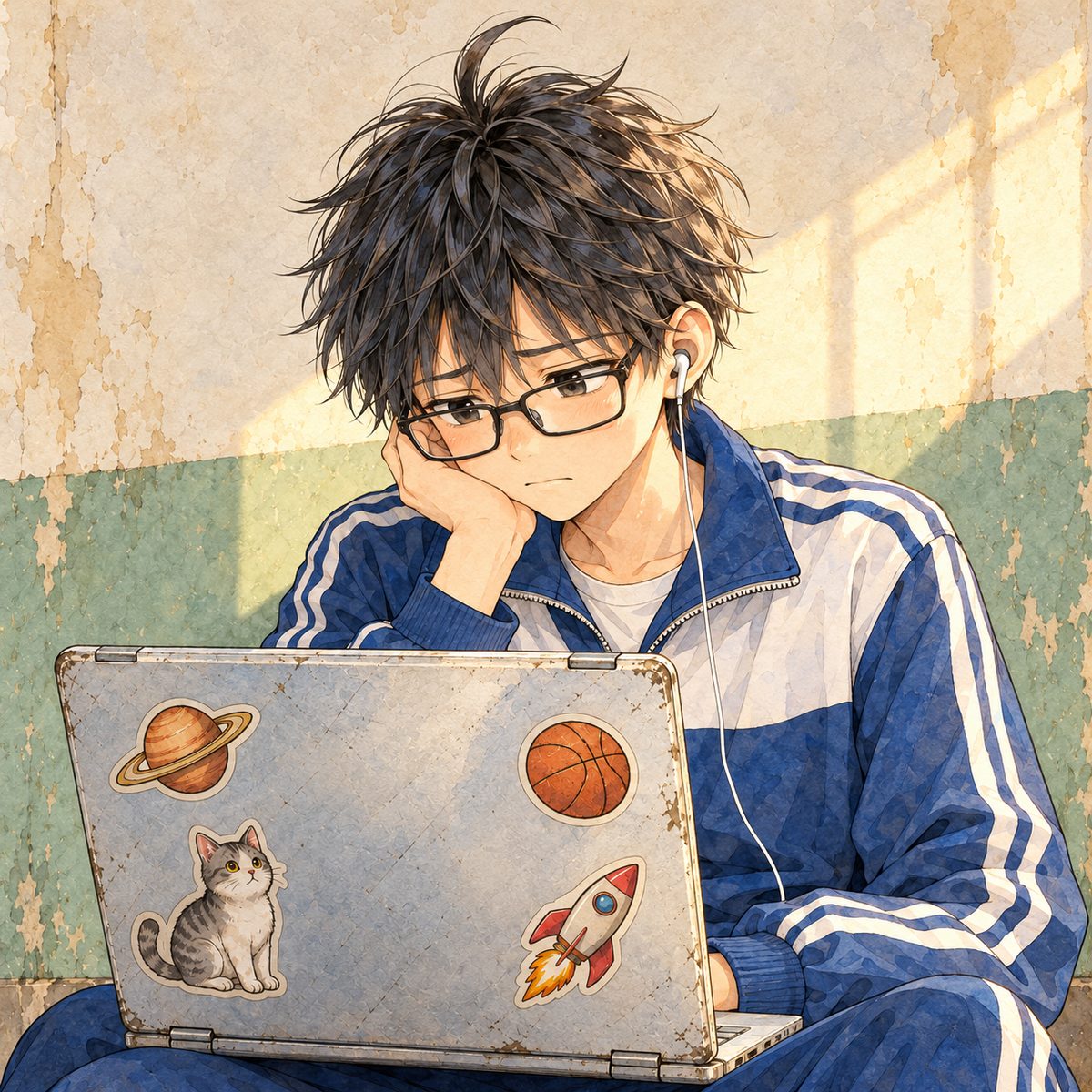 Afternoon (the same time as the panel before). Haoran slumps, glasses slipping down his nose, staring at the laptop screen (facing him, its glow on his face): crestfallen, then honest. Plain wall behind.