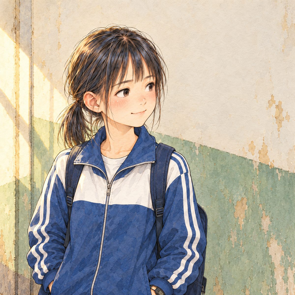 Afternoon (the same time as the panel before). Xiaoyu looks RIGHT at Haoran off panel with a small wry smile, rueful and fond, knowing exactly what that feels like. Plain stair wall behind.