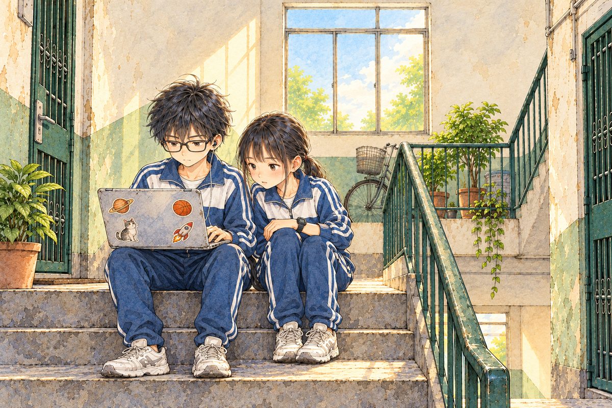 Afternoon (the same time as page 14). Haoran on the left, his laptop open on his knees with its screen facing him, drags a few small picture squares on the screen into a separate folder, his face set, a new plan; on the right Xiaoyu leans in to look, interested. The high window above is the quiet area.