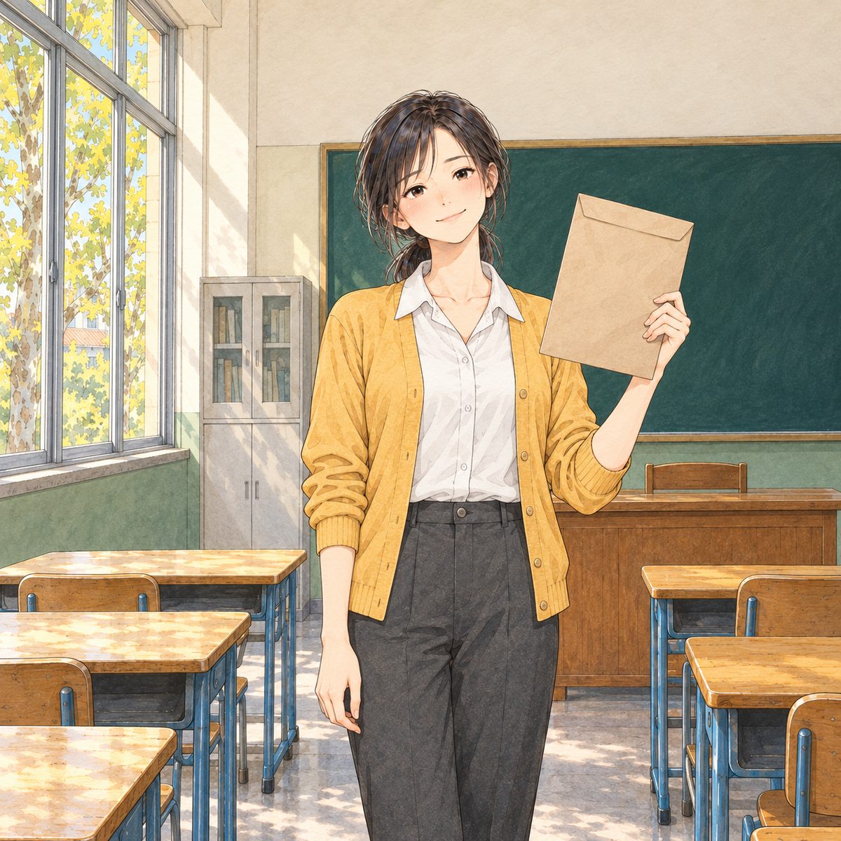 Late October, morning, cooler light through the windows, yellow leaves outside. Teacher Fang stands at the front with a sealed brown paper envelope of test papers held up in one hand, calm, a little mischievous. Her face in the middle of the panel. The green board behind her is wiped blank, NOT any writing.