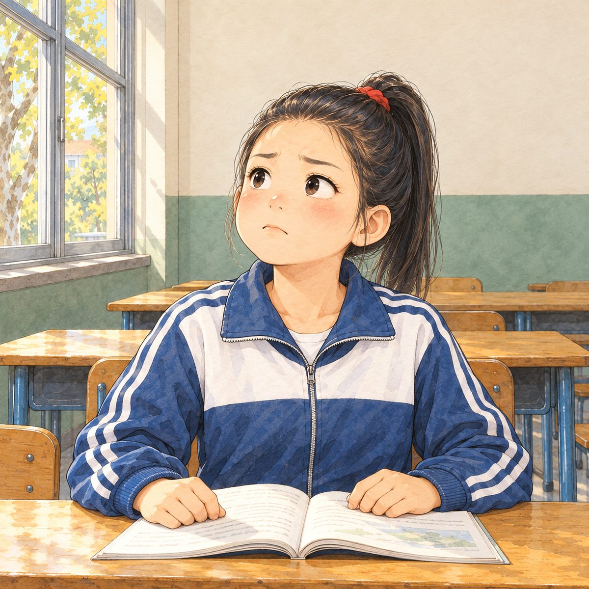 Morning (the same time as the panel before). Lili, at her desk with her textbook open in front of her, looks up at the teacher, off panel ahead and to the LEFT; for the first time her sure face wavers: brows up, a small worried frown. Her face in the middle of the panel. Plain wall behind.