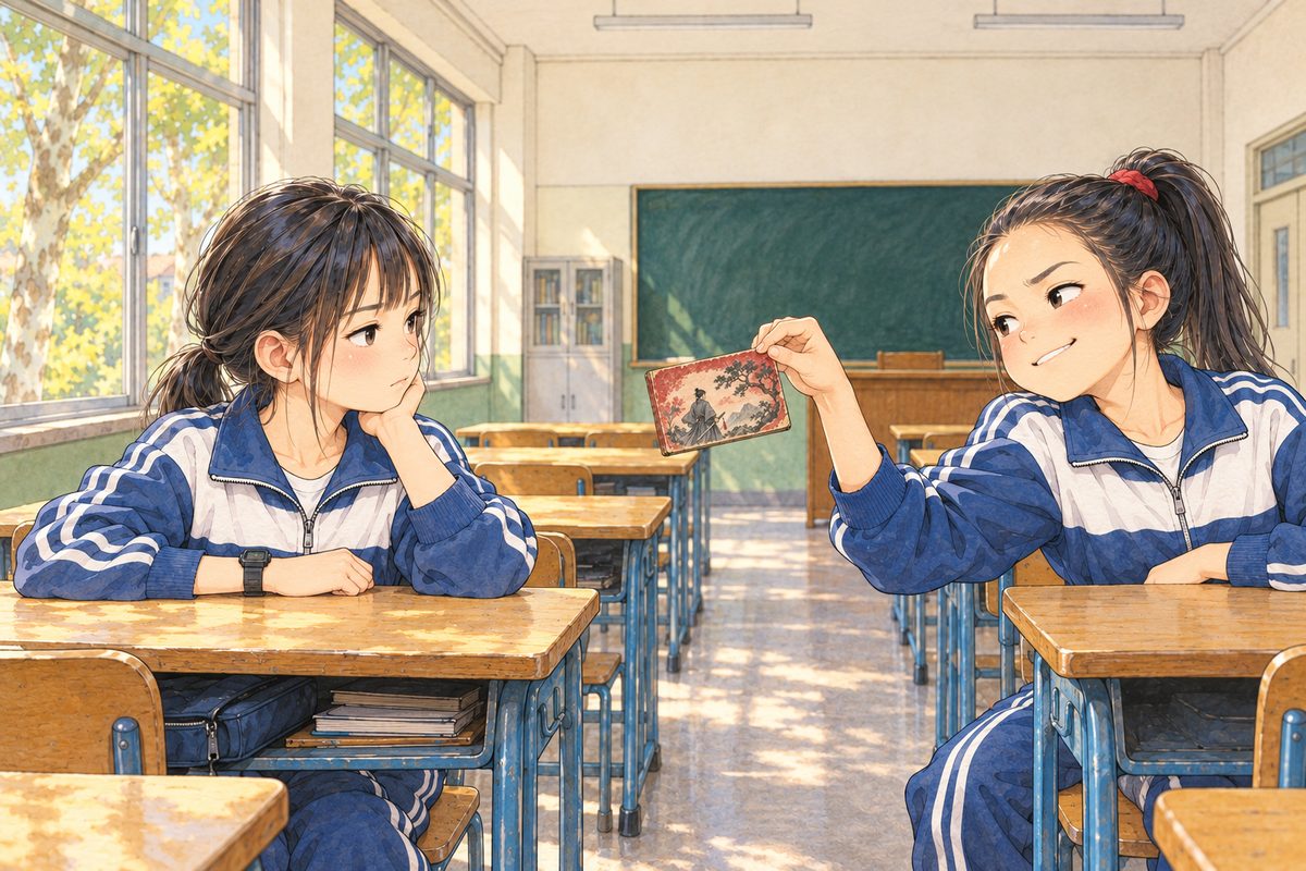 Break time, the same morning. Xiaoyu sits at her desk on the left; one small worn picture book from Grandpa's tin pokes out of her desk. Lili, from the right, has leaned across the aisle and plucked it out with two fingers, holding it up by its corner, smirking, eyebrows raised. Xiaoyu looks right at her, steady, not ashamed. The plain wall above them is the quiet area. No other faces.