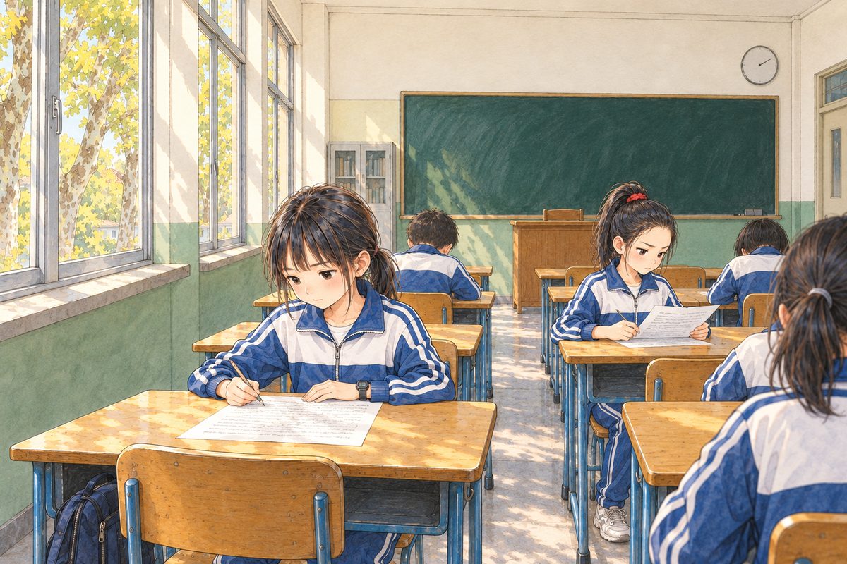 Friday 30 October, morning, mild autumn light, yellow plane-tree leaves outside the windows. The reading test: the pupils bend over their papers in silence. Xiaoyu in the middle-left reads her test paper, the paper flat on her desk facing her (lines of grey scribble, NOT readable), pencil ready, calm and focused. Across the aisle on the right, Lili reads hers, upright. A few other pupils as quiet backs, no faces. Teacher Fang is out of frame. The window light and the plain wall above are the quiet area.