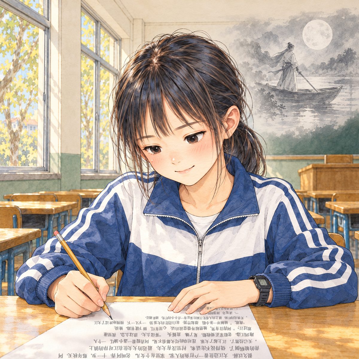 Friday morning (the same time as the panel before). Close on Xiaoyu over her test paper: her pencil rests under one word, and a small private smile breaks on her face; she knows it. Behind her head, softly, like a memory, a faint grey ghost of the picture-book drawing of a swordsman in a small boat under a moon. Her face in the middle of the panel. Quiet around.