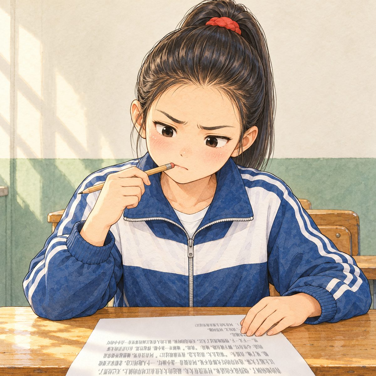 Friday morning (the same time as the panel before). Lili frowns hard at her test paper (facing her, scribble, NOT readable), pencil end pressed to her lip, stuck on a word for the first time; worried, not used to it. Her face in the middle of the panel. Plain wall behind.