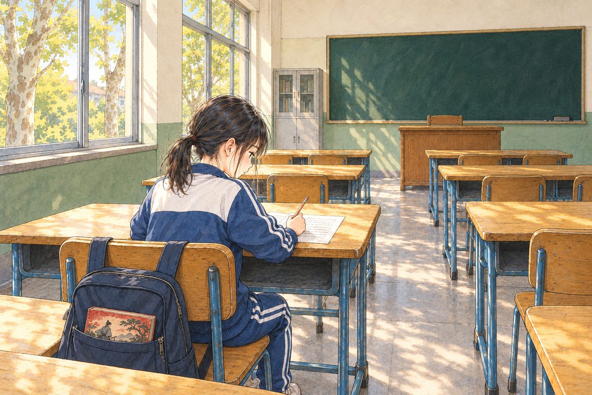 Friday morning (the same time as the panel before). Xiaoyu writes her answers steadily, seen from behind and a little to the side, her shoulders relaxed. Her school bag hangs on the back of her chair, one small worn picture book poking out of its pocket. The window light falls across her desk. The plain wall and window above are the quiet area.