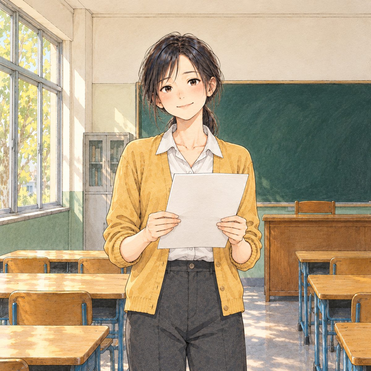 The next Monday morning, window light. Teacher Fang stands at the front holding a short list of marks on a sheet facing her (its back to us, plain), reading aloud, then pausing and looking up over the sheet towards the class with a small, pleased smile. Her face in the middle of the panel. Plain board wiped blank behind.
