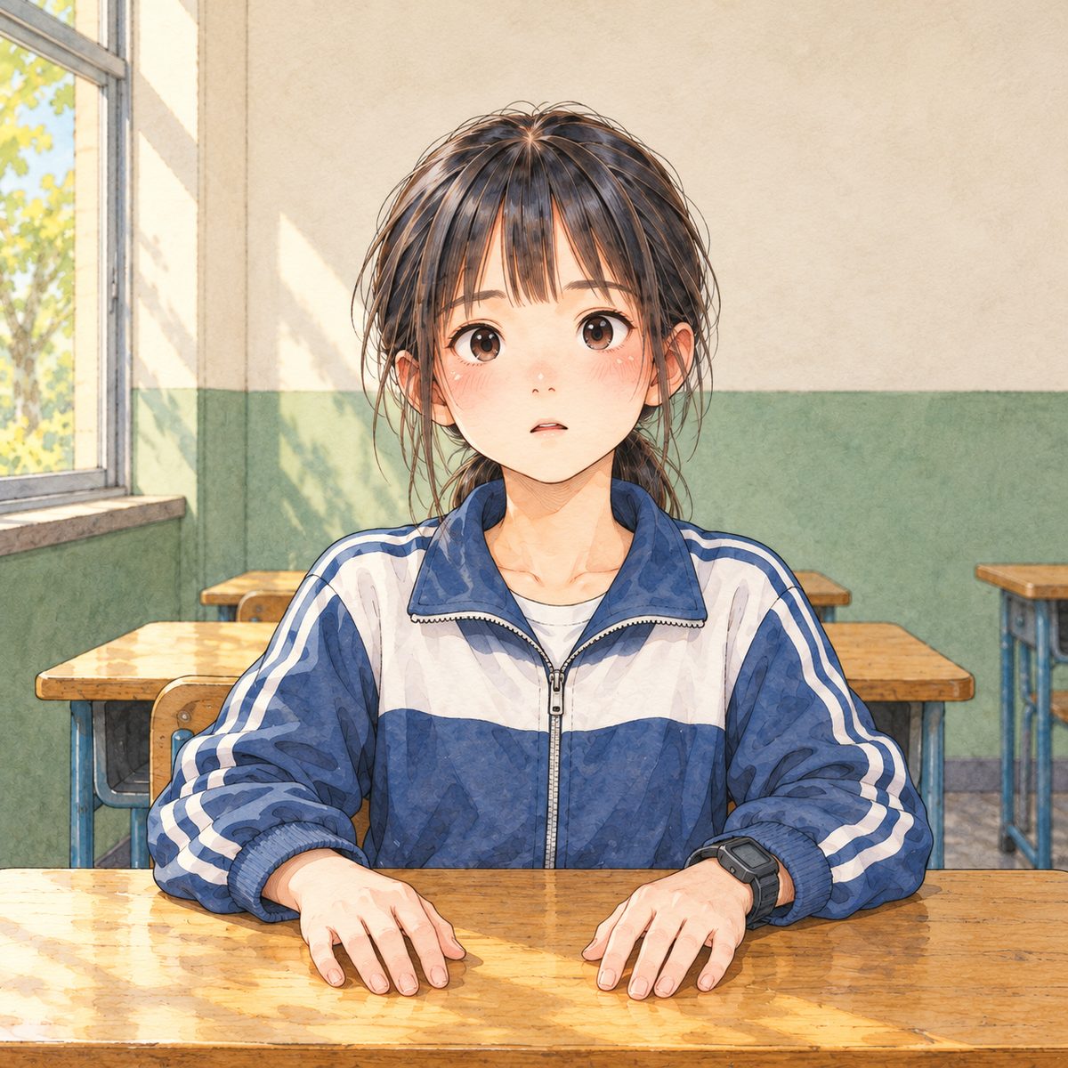 Monday morning (the same time as the panel before). Xiaoyu sits very still at her desk, eyes wide, both hands flat on the desk, not daring to believe it; a held breath. Her face in the middle of the panel, NOT in the top quarter. Plain wall behind.