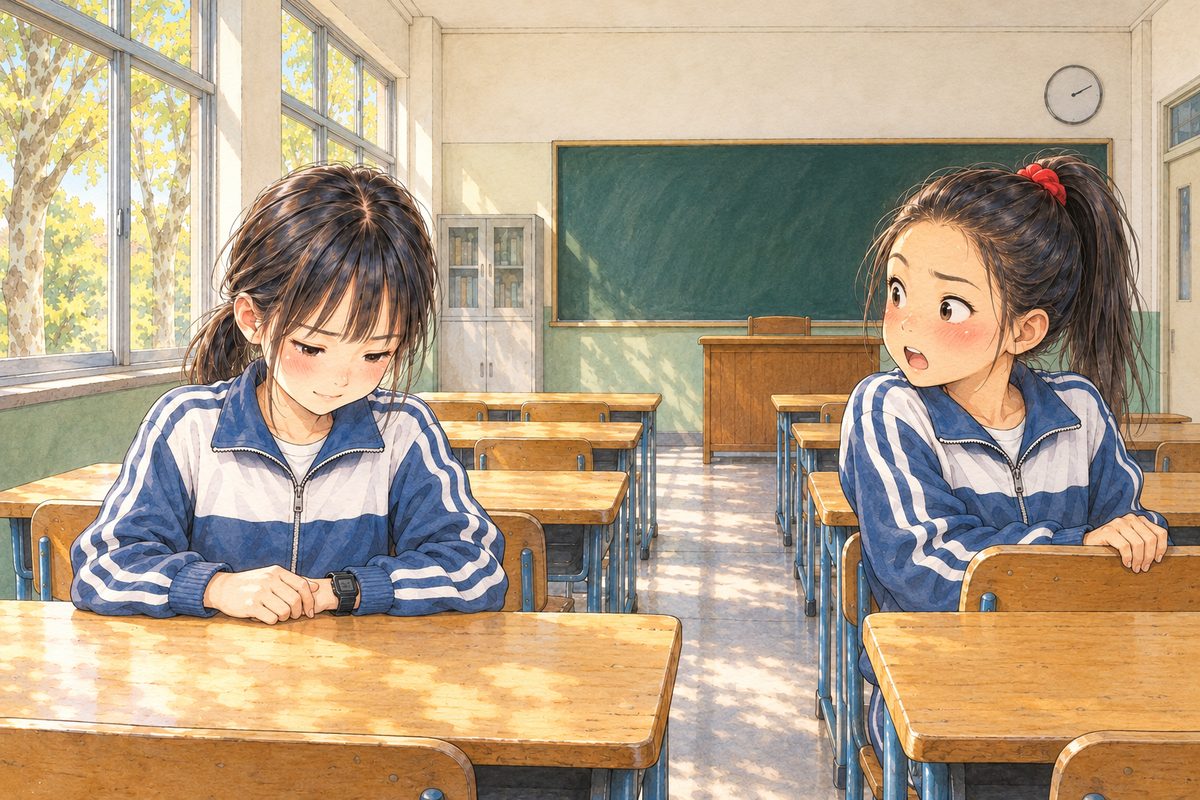 Monday morning (the same time as the panel before). Lili, on the right, turns sharply in her seat to stare at Xiaoyu, caught out, cheeks red, mouth open. Xiaoyu, on the left, looks down at her desk and lets out a long breath, a small, shaky, unbelieving smile; she does NOT gloat. The plain wall above them is the quiet area. No other faces.
