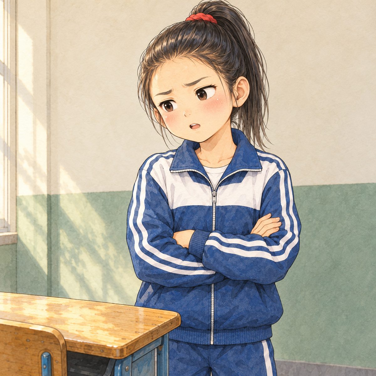 Break time, the same morning. Lili stands by Xiaoyu's desk (Xiaoyu off panel to the LEFT, sitting), arms folded, frowning, but asking for real: puzzled, a little embarrassed. Her face in the middle of the panel. Plain wall behind.