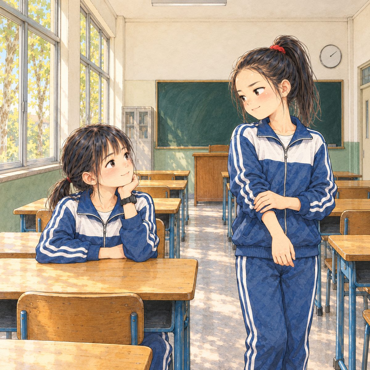 Break time (the same time as the panel before). Xiaoyu, sitting, looks up and to the right at Lili, honest and open, a small smile. Lili, standing, unfolds her arms and looks down at her, a grudging, curious half smile breaking through. The plain wall above them is the quiet area.